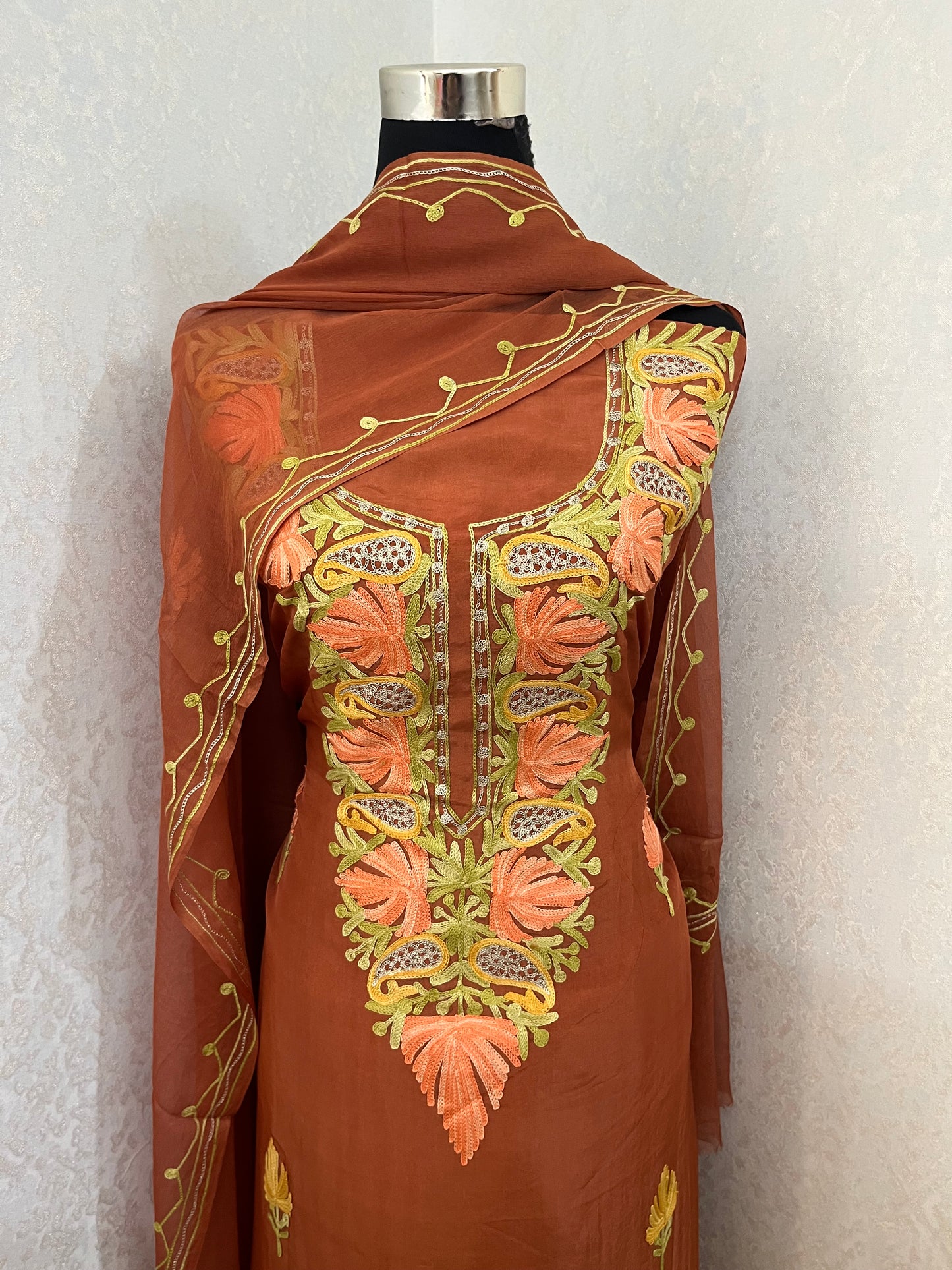 Dull Orange Opada Silk Kashmiri Suits