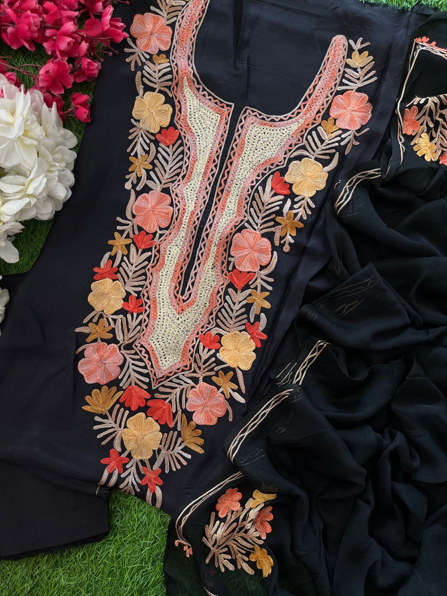 Black Opada Silk Aari Embroidered Suit material