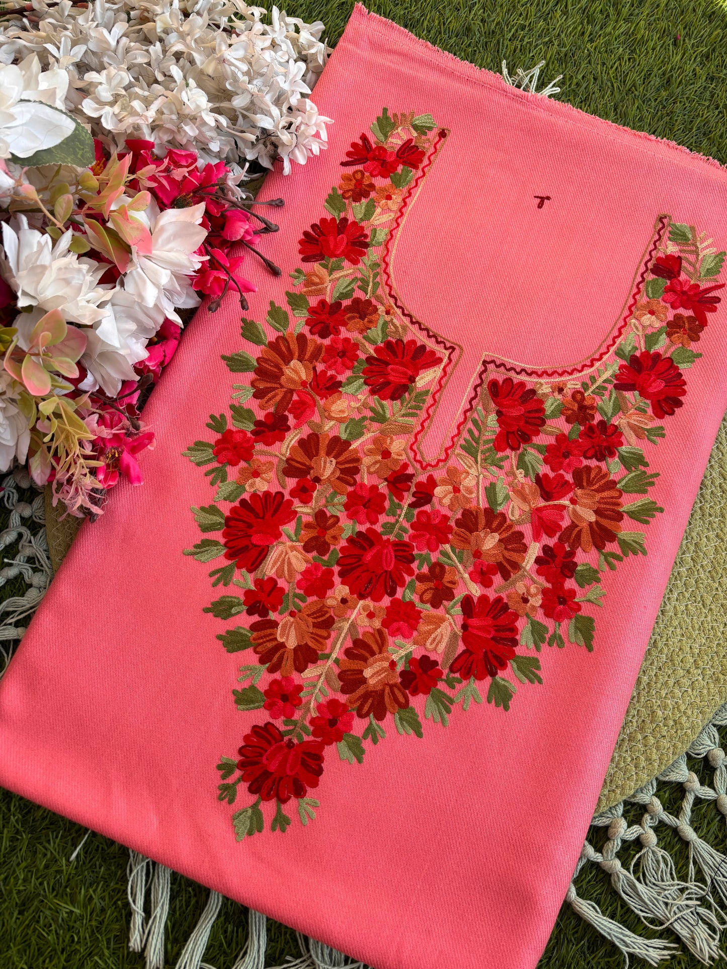 Soft Pink Woollen Aari Embroidered 2pc suit 5mtr