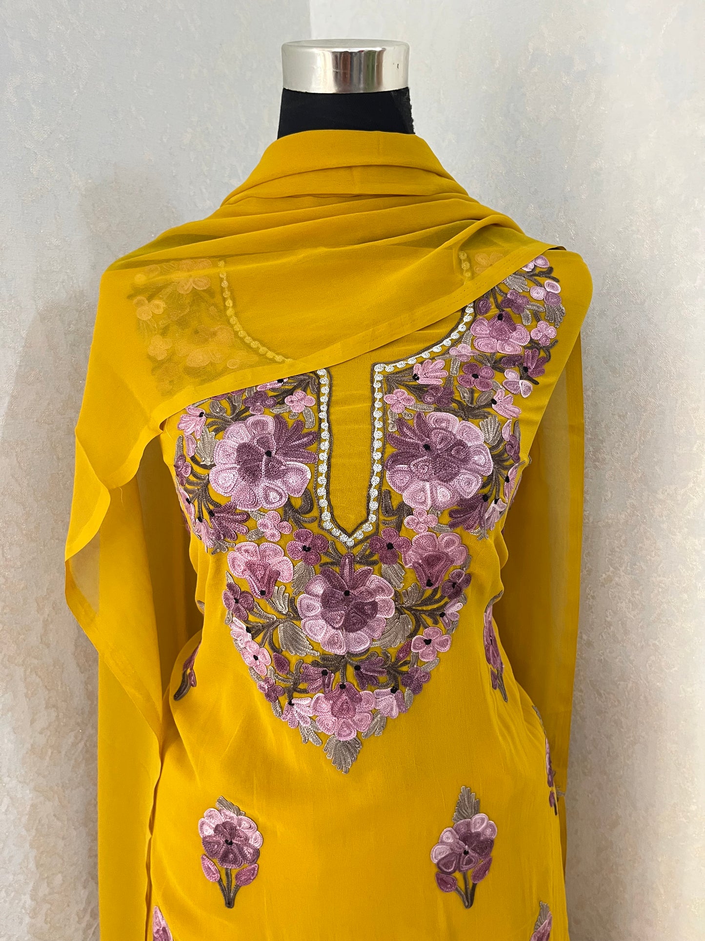 Golden Yellow Georgette 3Pc Kashmiri Suit