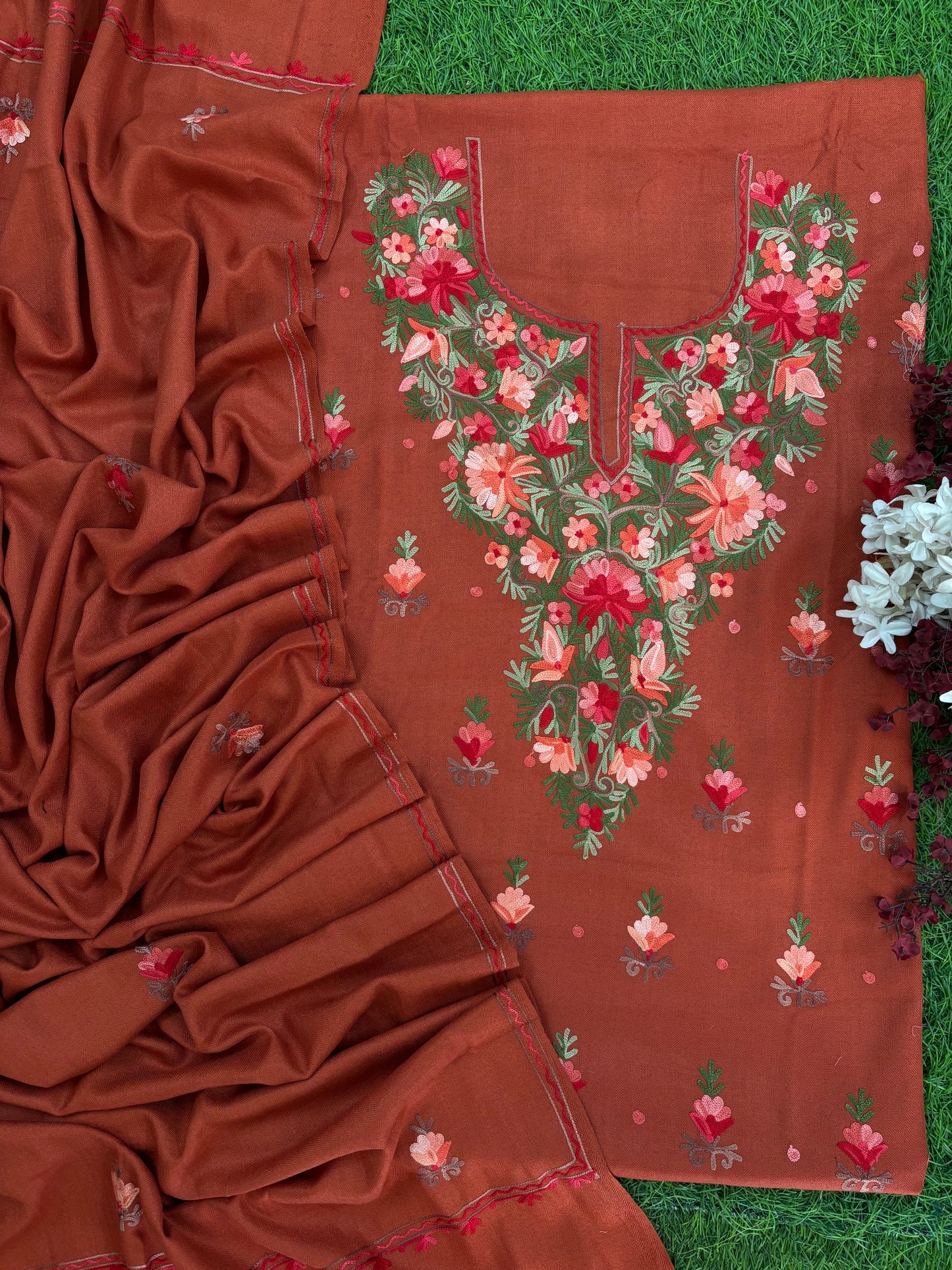 Rust Woollen Aari Embroidered 3pc suit