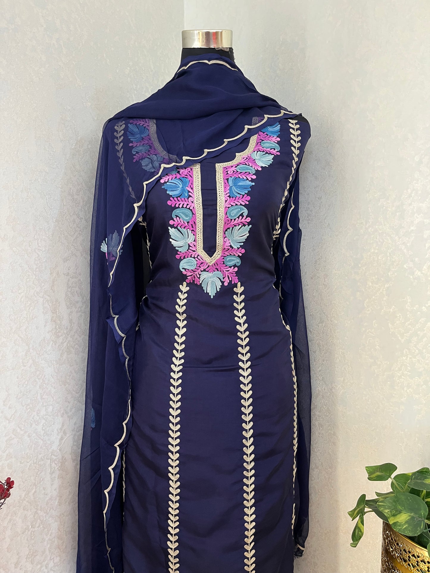 Sanam’ Navy Blue Silk Aari Embroidered Suit material