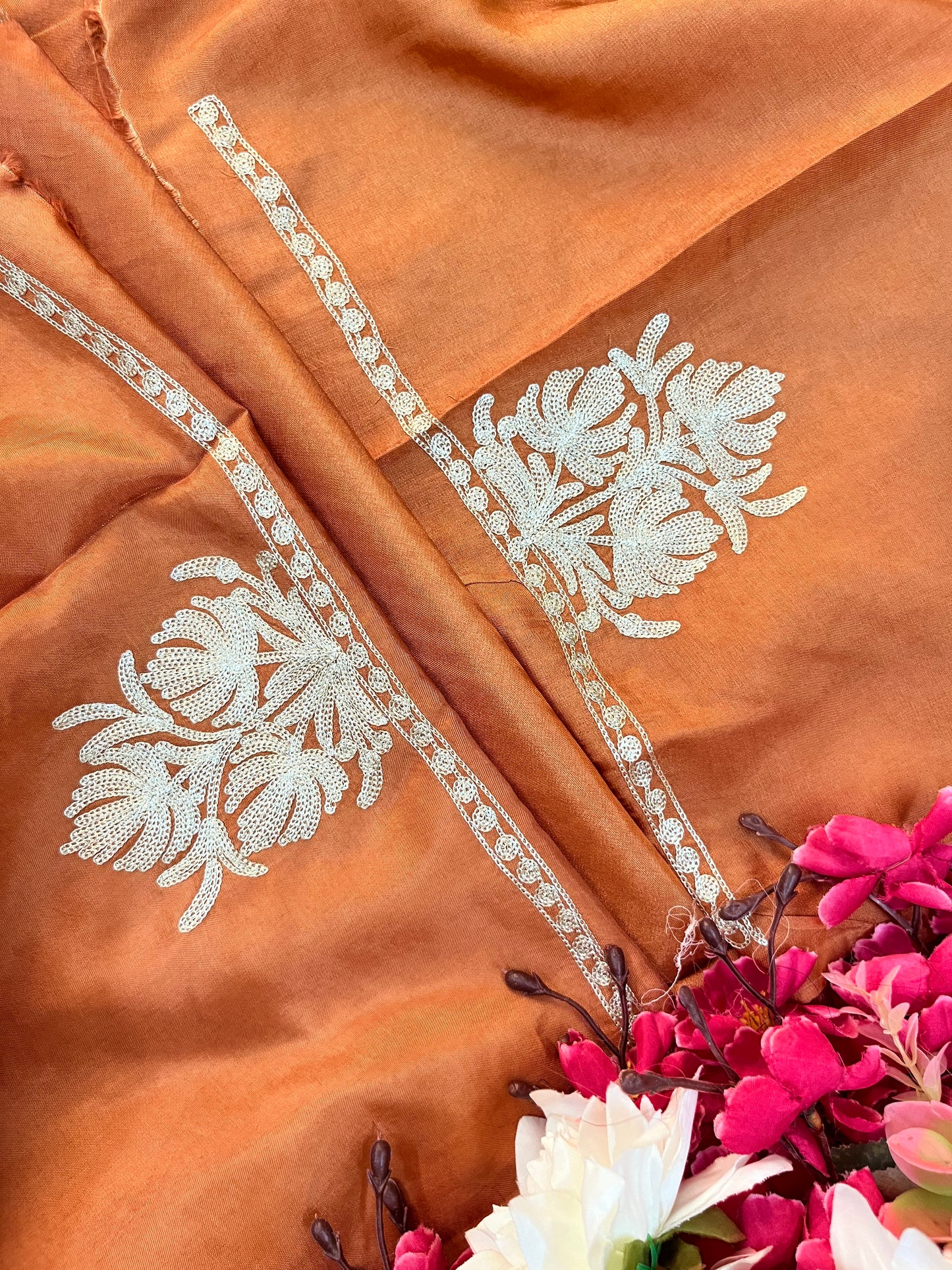 Dull Orange Silk Tilla Kashmiri Suit