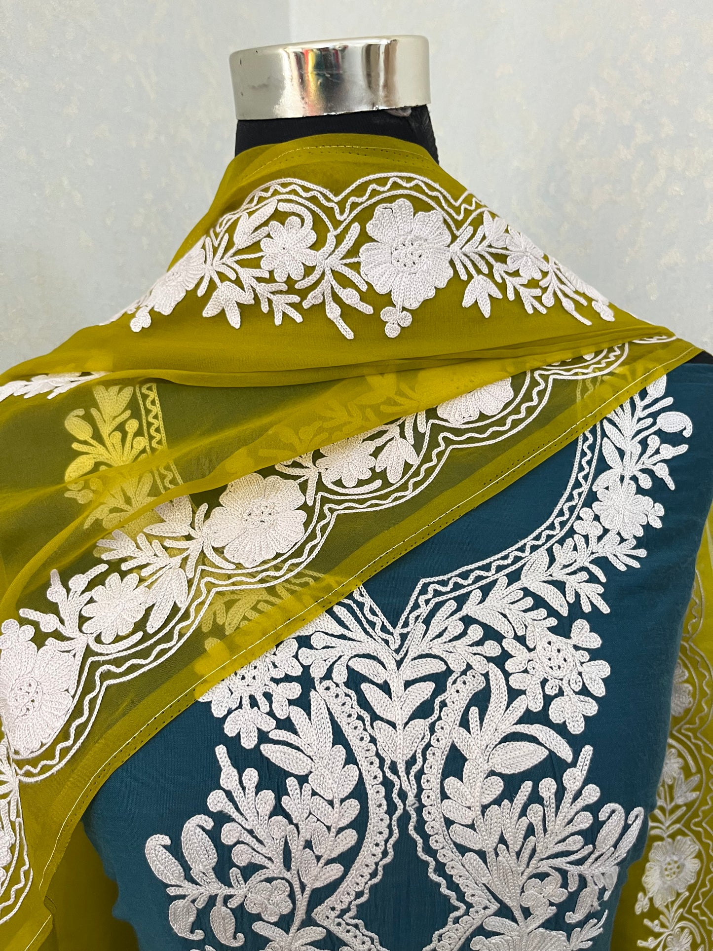 Teal Blue Chanderi Silk Kashmiri Suit