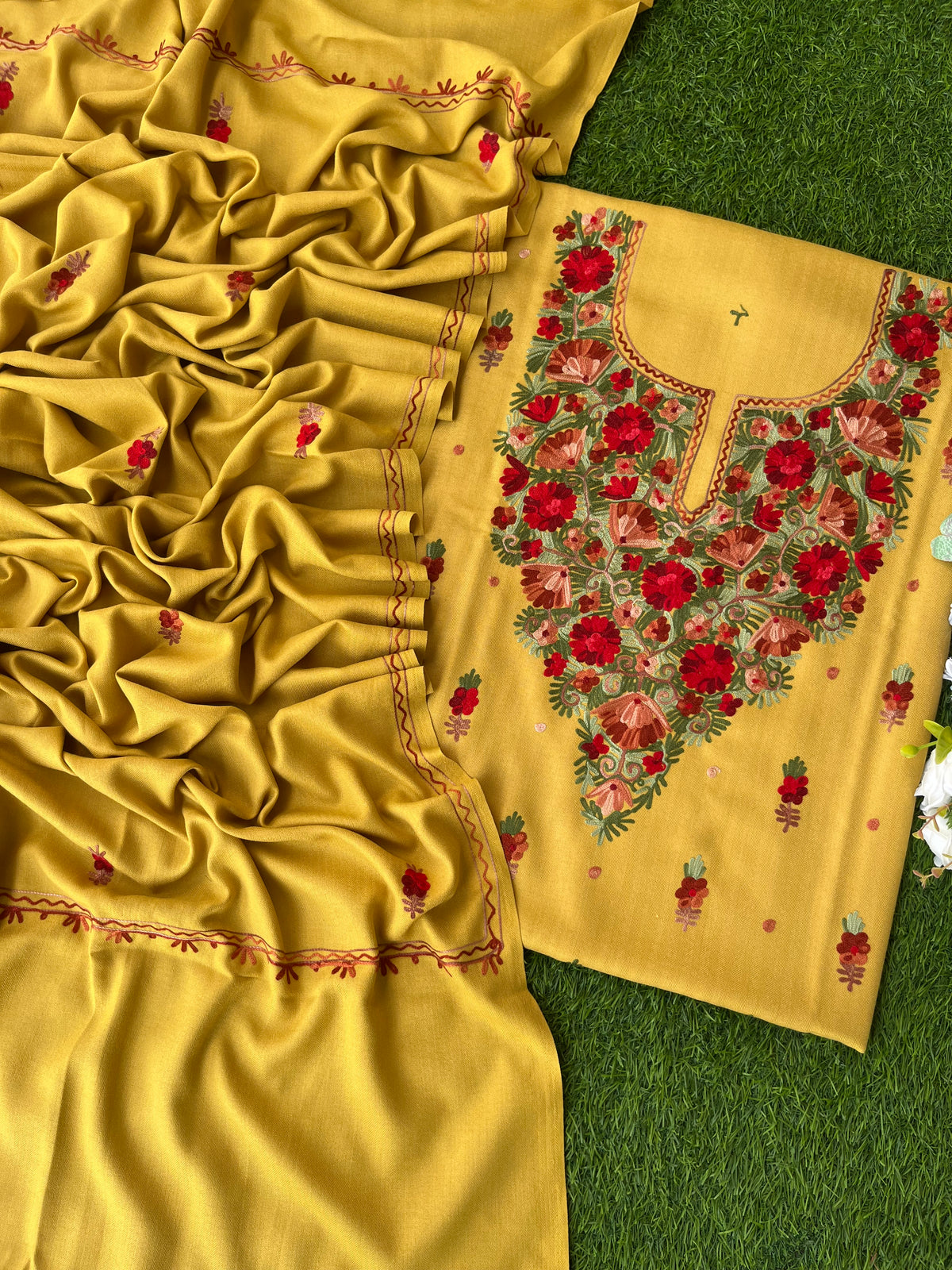 Yellow Woollen Aari Embroidered 3pc suit