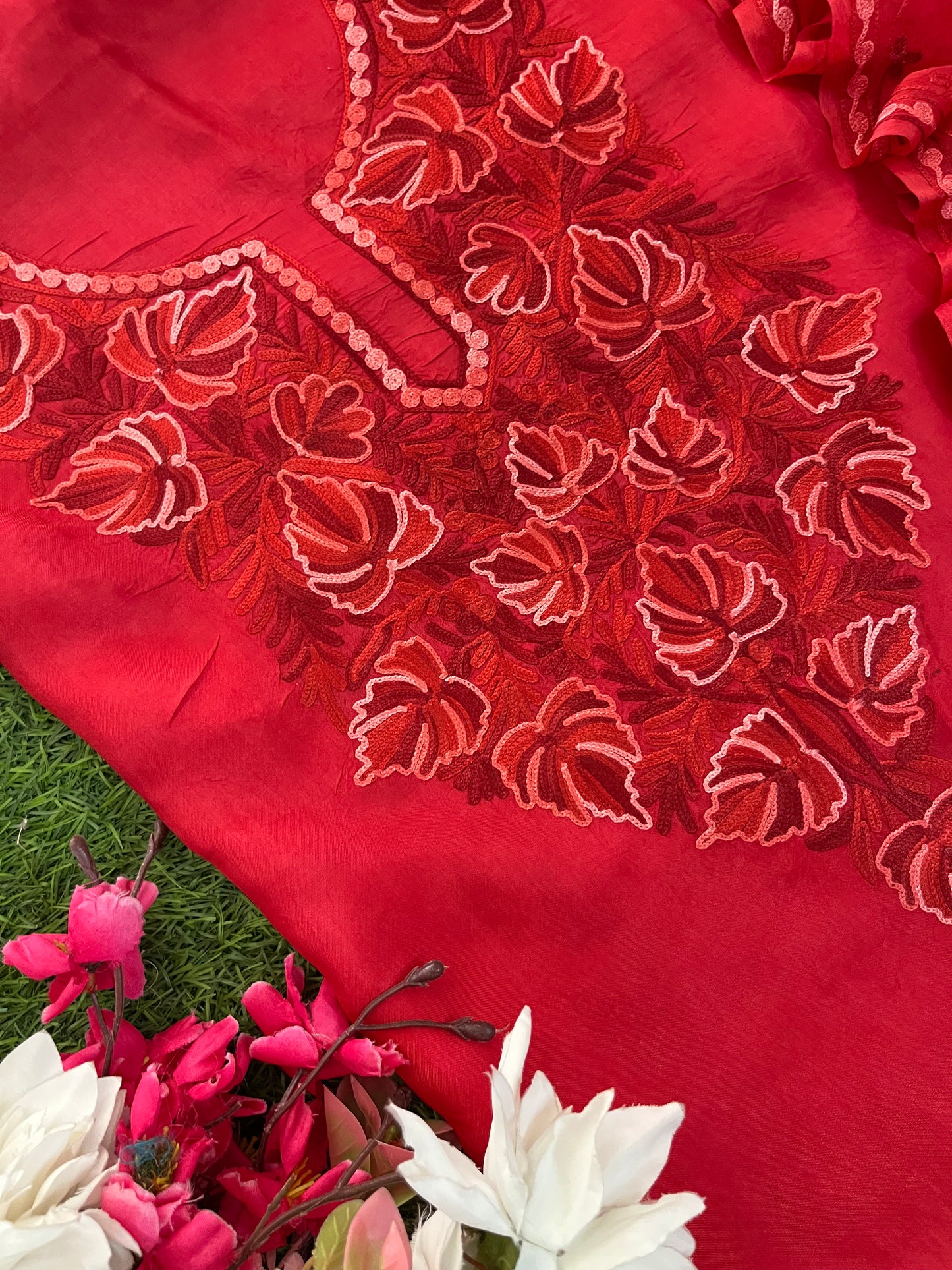 Red Opada Silk Kashmiri Suit