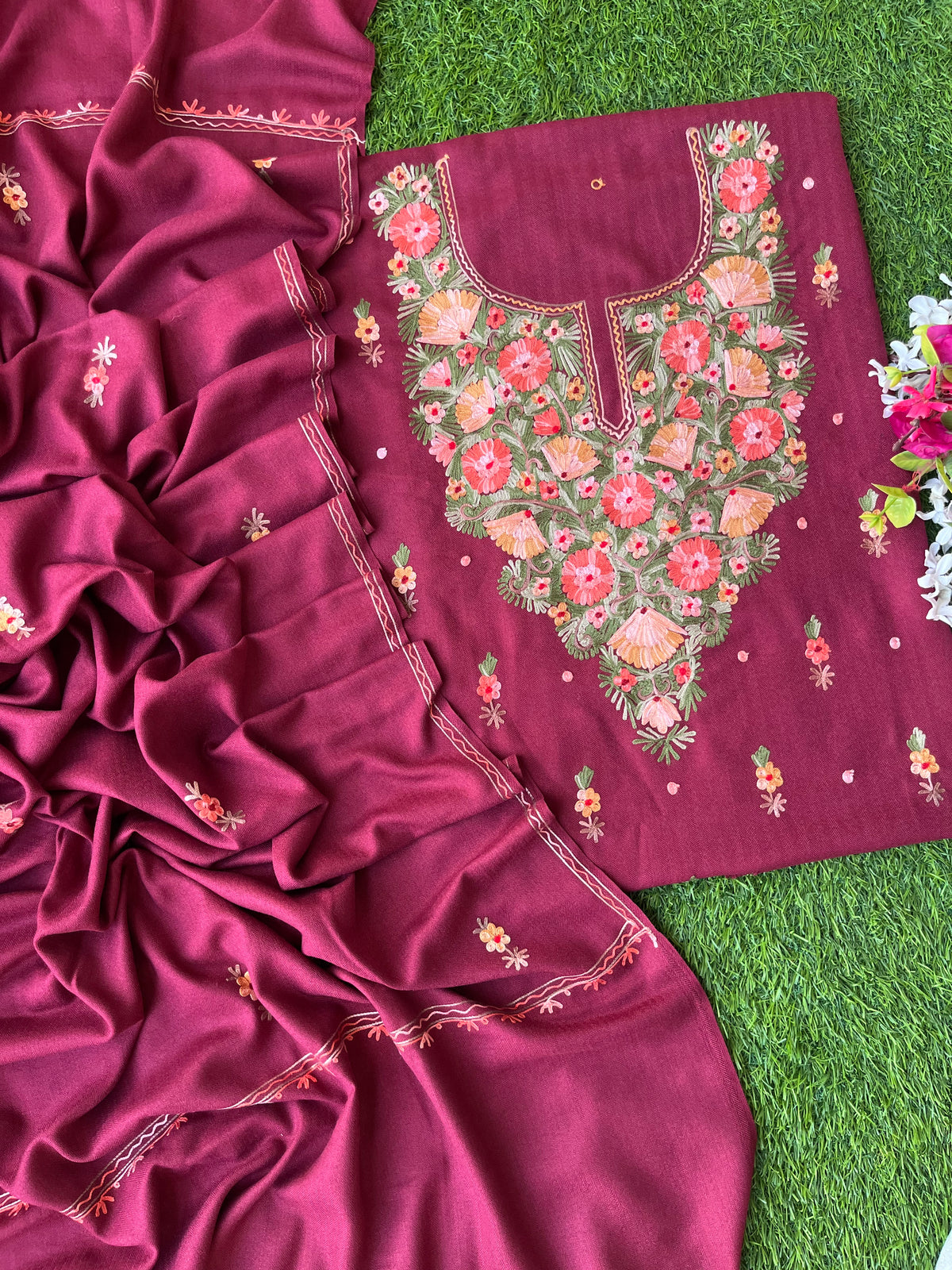 Wine Woollen Aari Embroidered 3pc suit