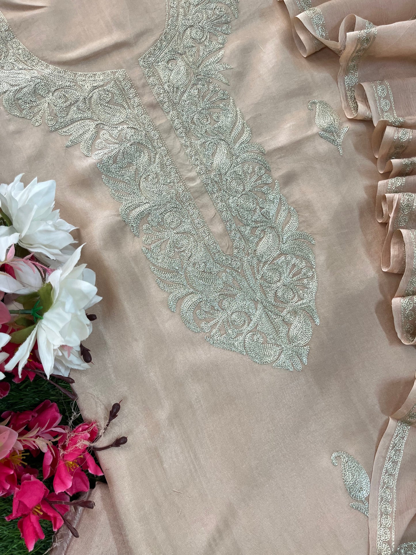 Peach Pink Sanam’ Silk Tilla Kashmiri Suit