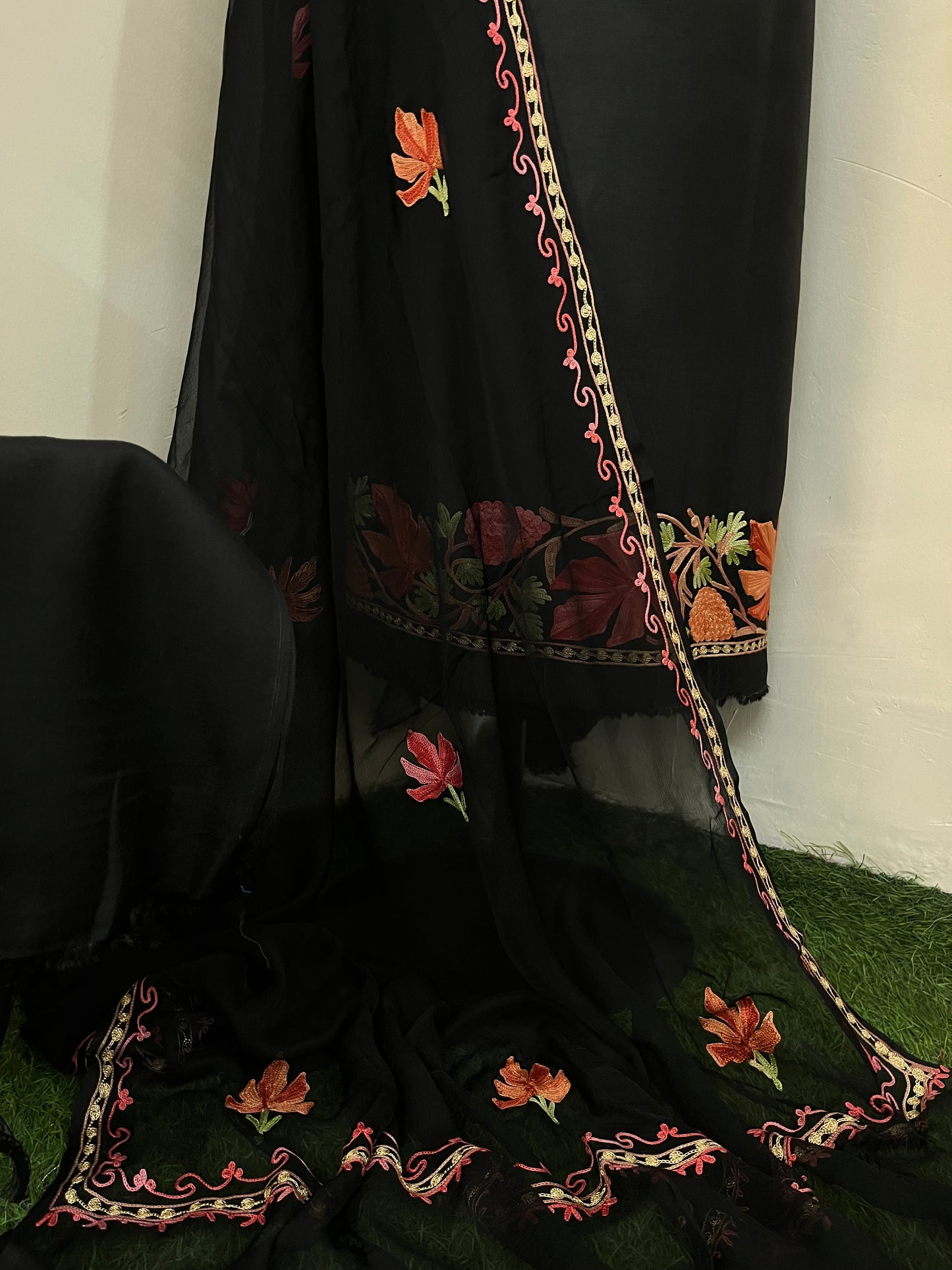 Black Opada Silk Aari Embroidered Suit material