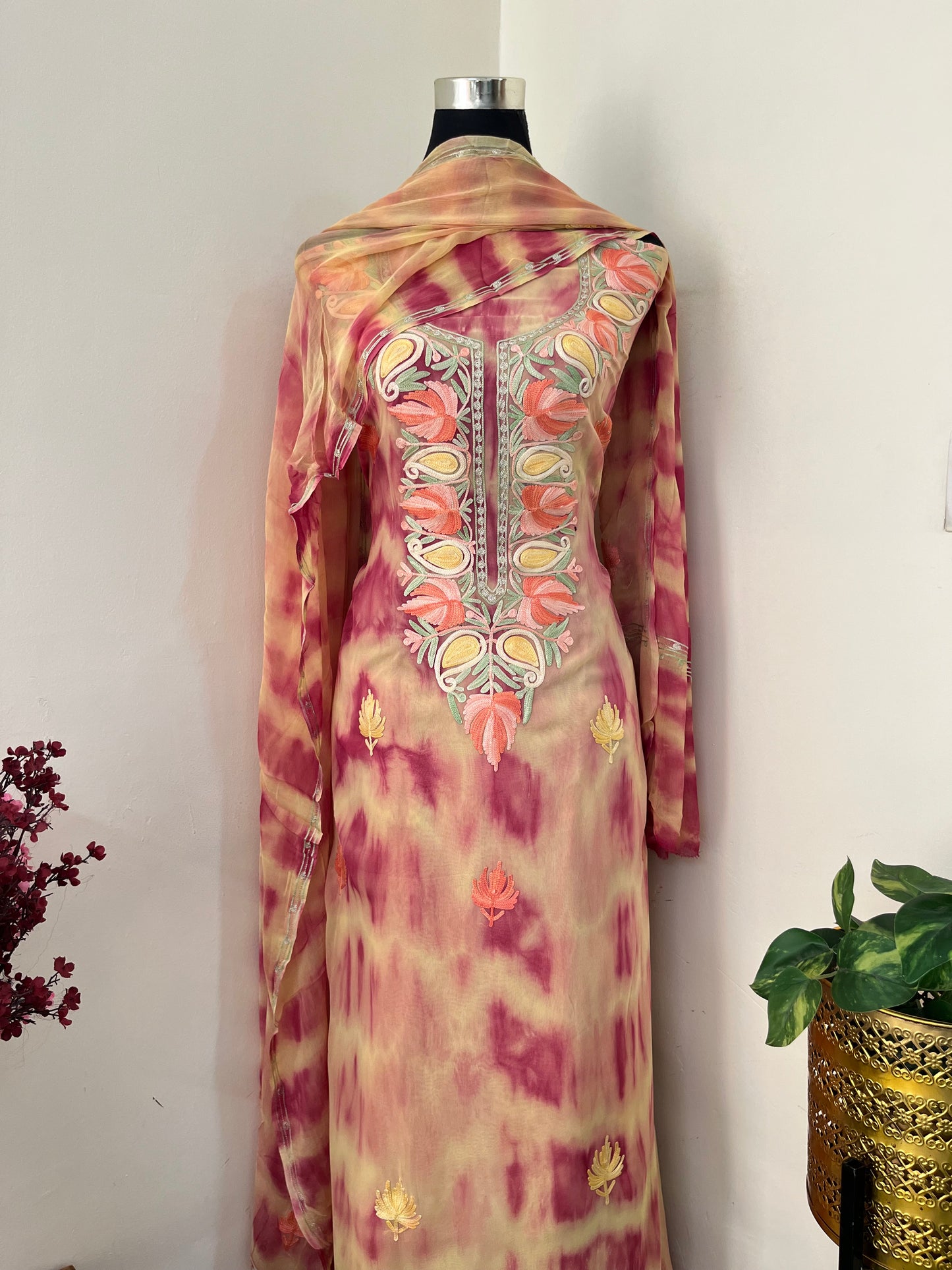 Yellow Pink Pure Georgette Ty Dy Kashmiri Suit