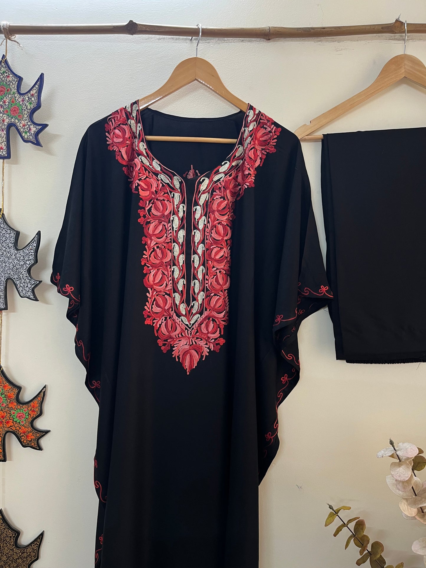 Black Red Muslin Cotton Kashmiri Kaftan Set