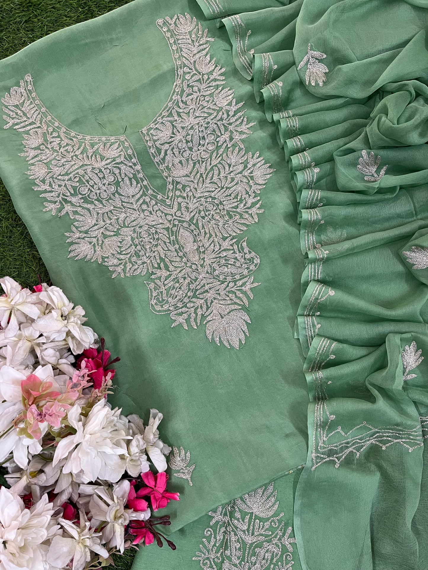 Pastel Green Silk Tilla Kashmiri Suit