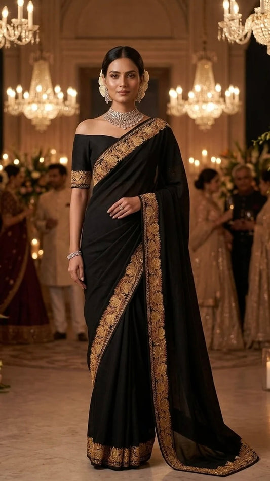 Black Crape Kashmiri Saree with Tilla Outline