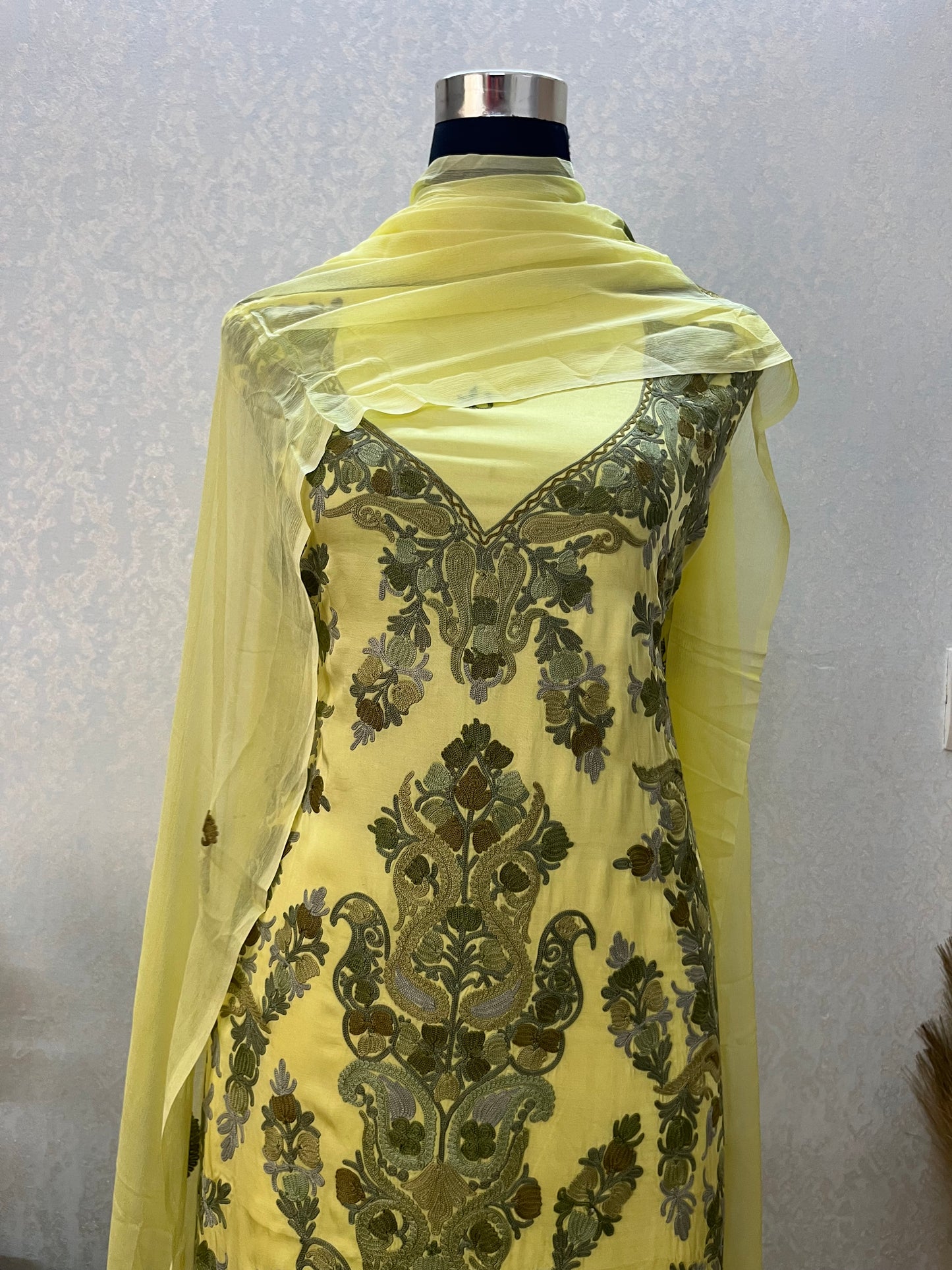 Yellow Satin Cotton Kashmiri Suit