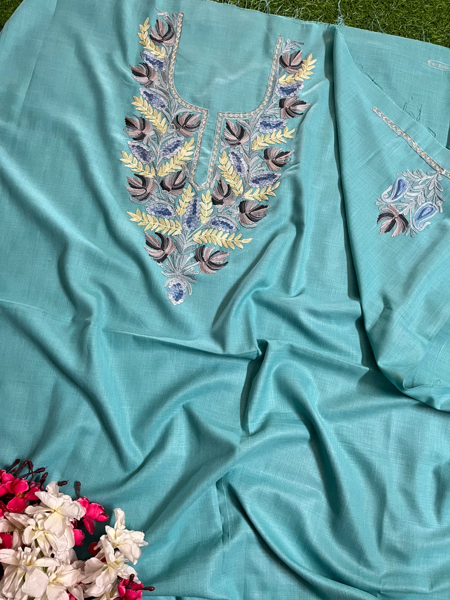 Sky Blue Cotton Unstitched Aari Work Kurti