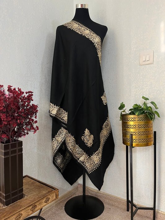 Black Semi Pashmina Tilla Embroidered stole