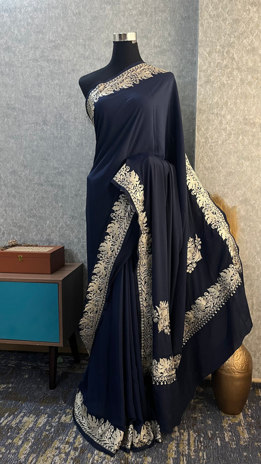 Navy Blue Crape Kashmiri Tilla Saree