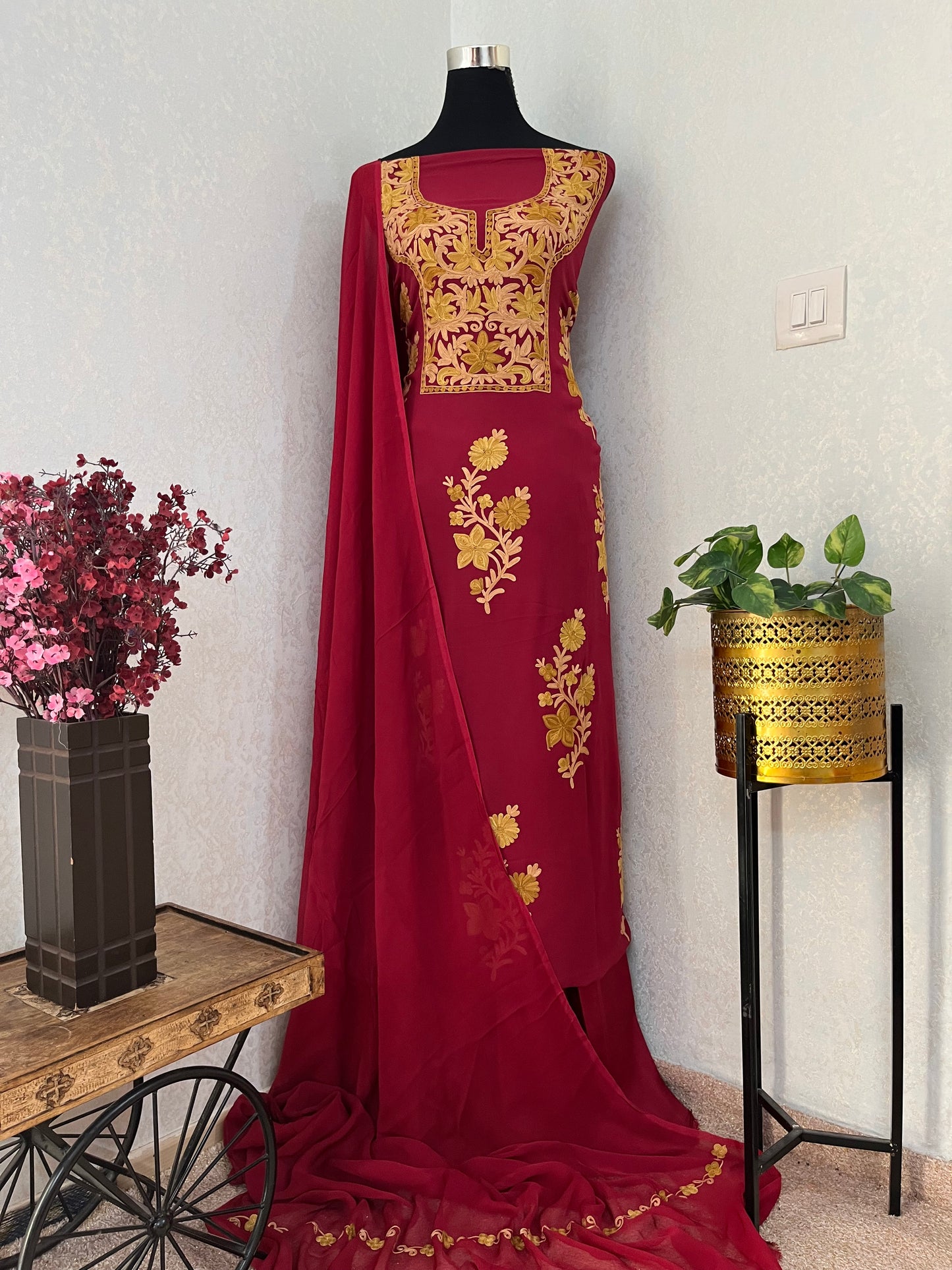 Maroon  Pure Georgette Aari Embroidered Suit
