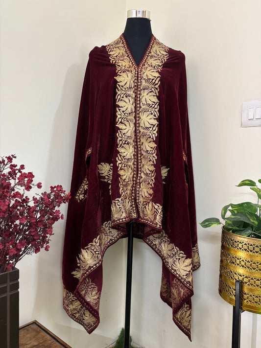 Maroon Aari Embroidered Velvet Cape