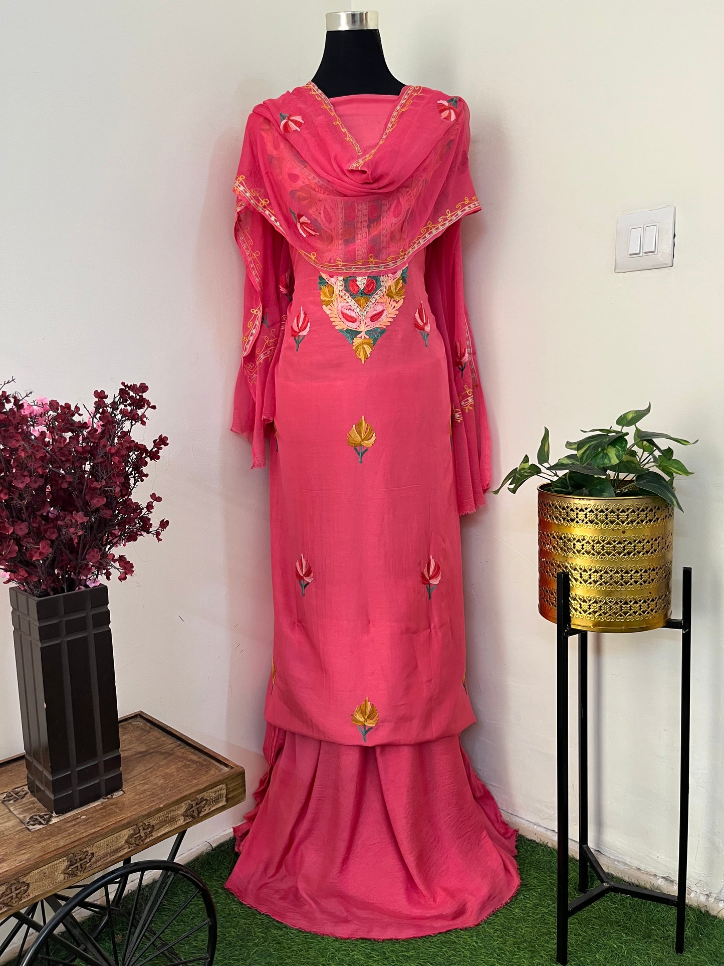 Candy Pink Muslin Cotton Aari Embroidered 3pc set