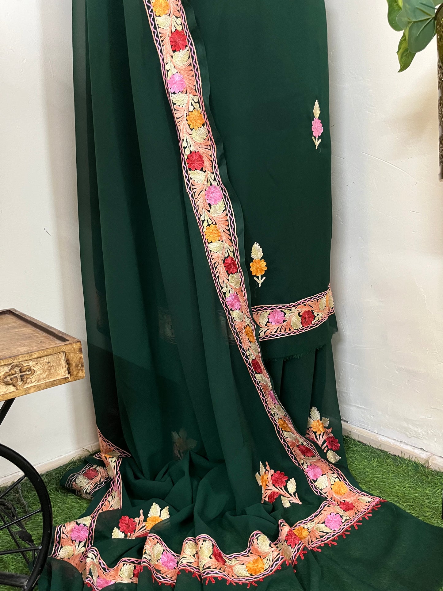 Bottle Green Georgette 3 Pc Aari Embroidered Suit Set