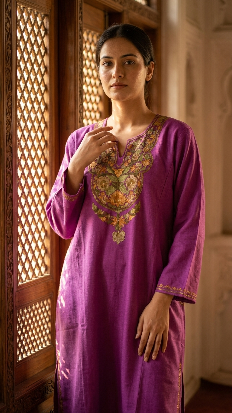 Mauve Aari Embroidered Wool Pheran
