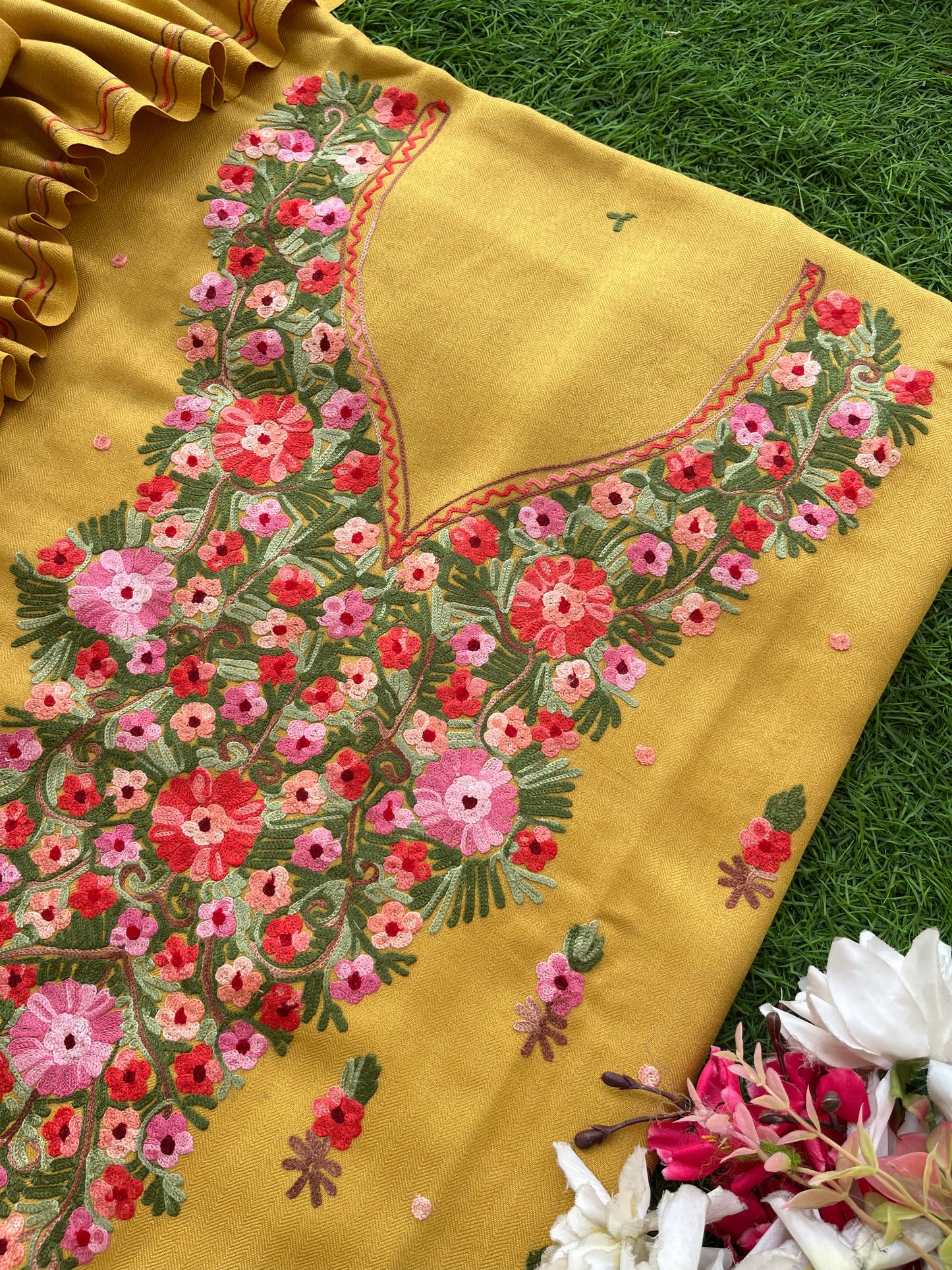Yellow Woollen Aari Embroidered 3pc suit