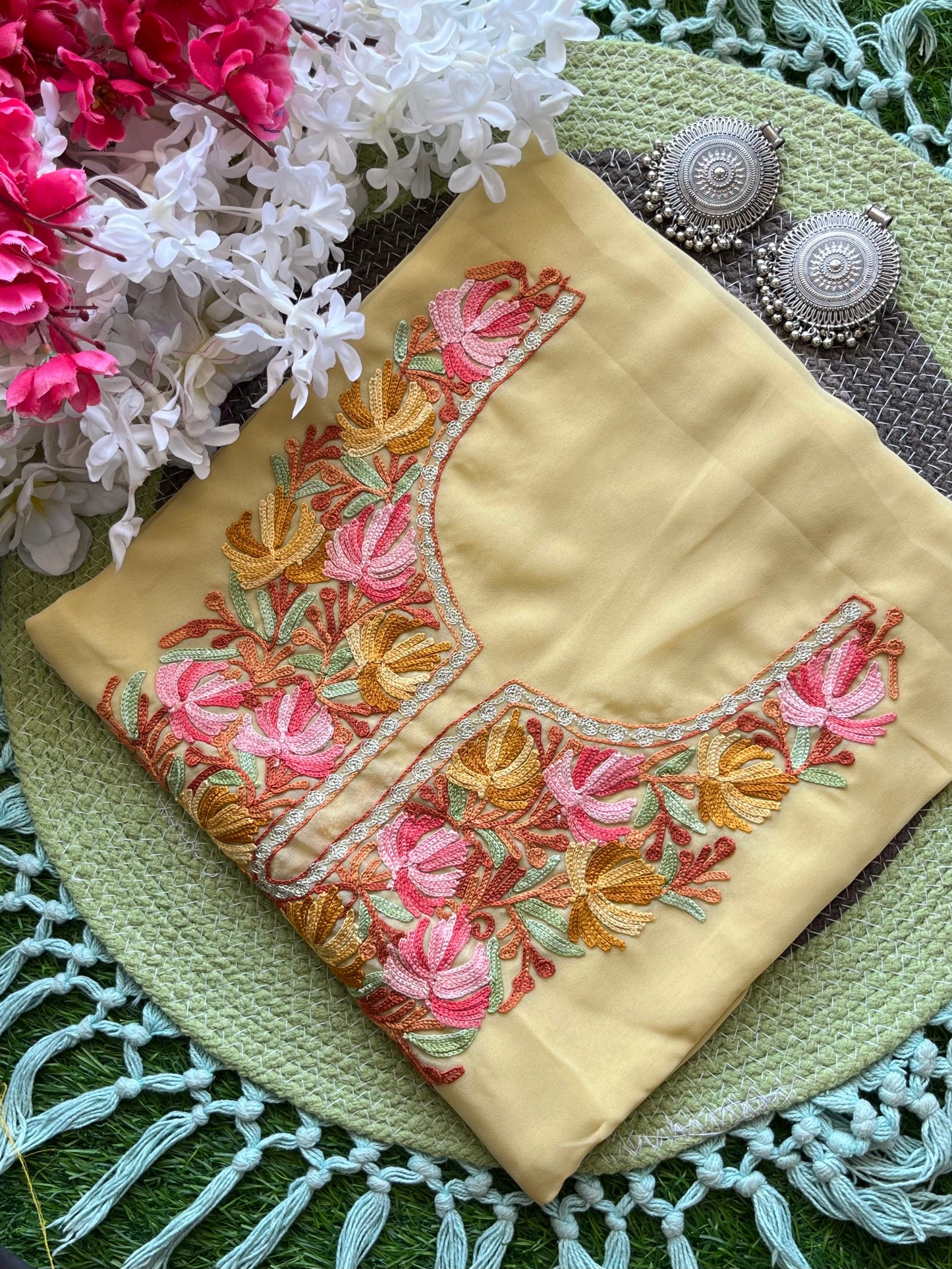 Golden Yellow Georgette Aari Embroidered Unstitched Kurta Material