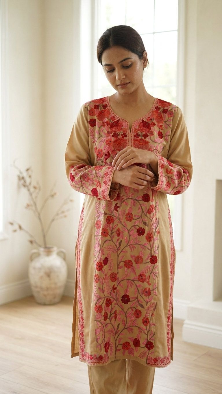 Beige Cotton Front Jaal Pheran Set Size (46)