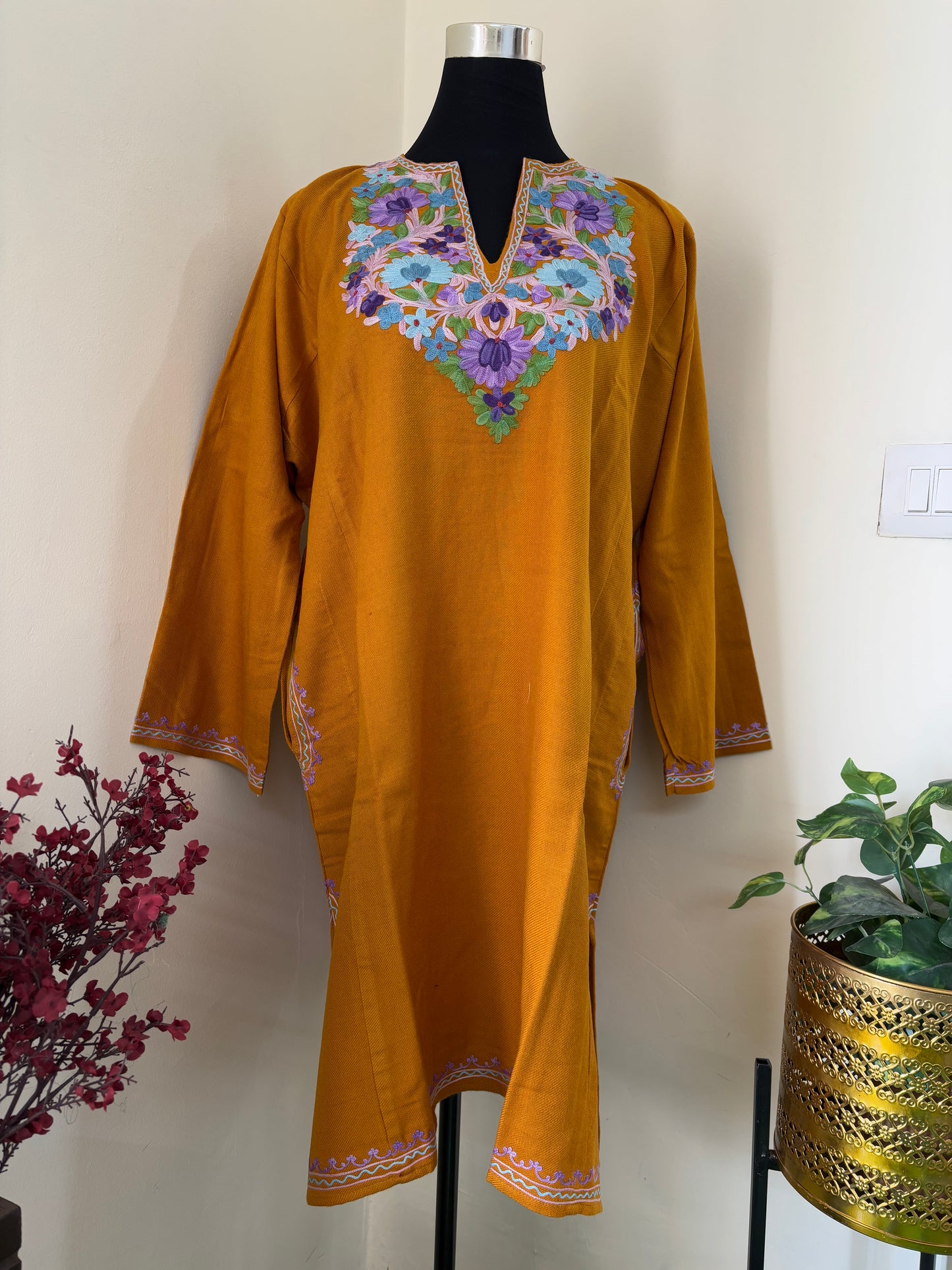 Mustard Yellow Aari Embroidered Wool Pheran