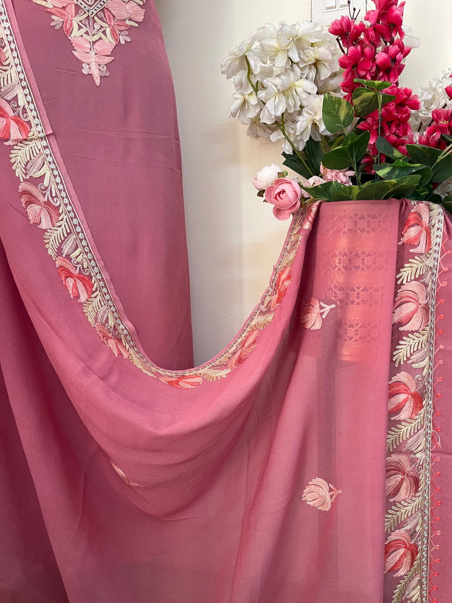 Onion Pink Pure Georgette Kashmiri Suit