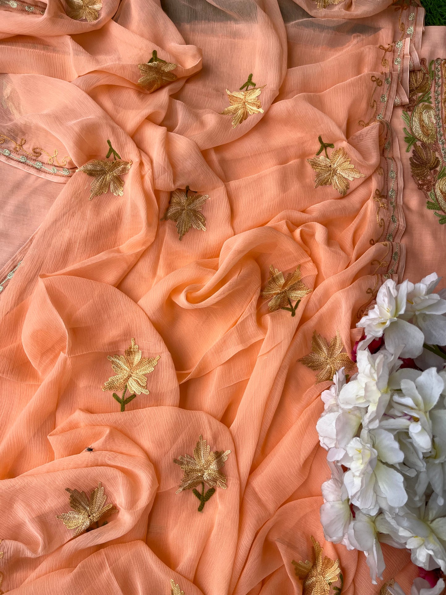 Peach Muslin Cotton Aari Embroidered 3pc set