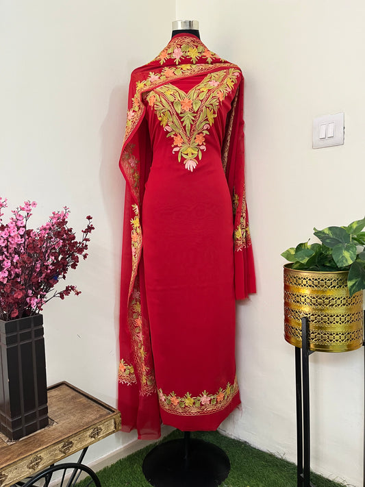 Red Georgette 3 Pc Kashmiri Suit