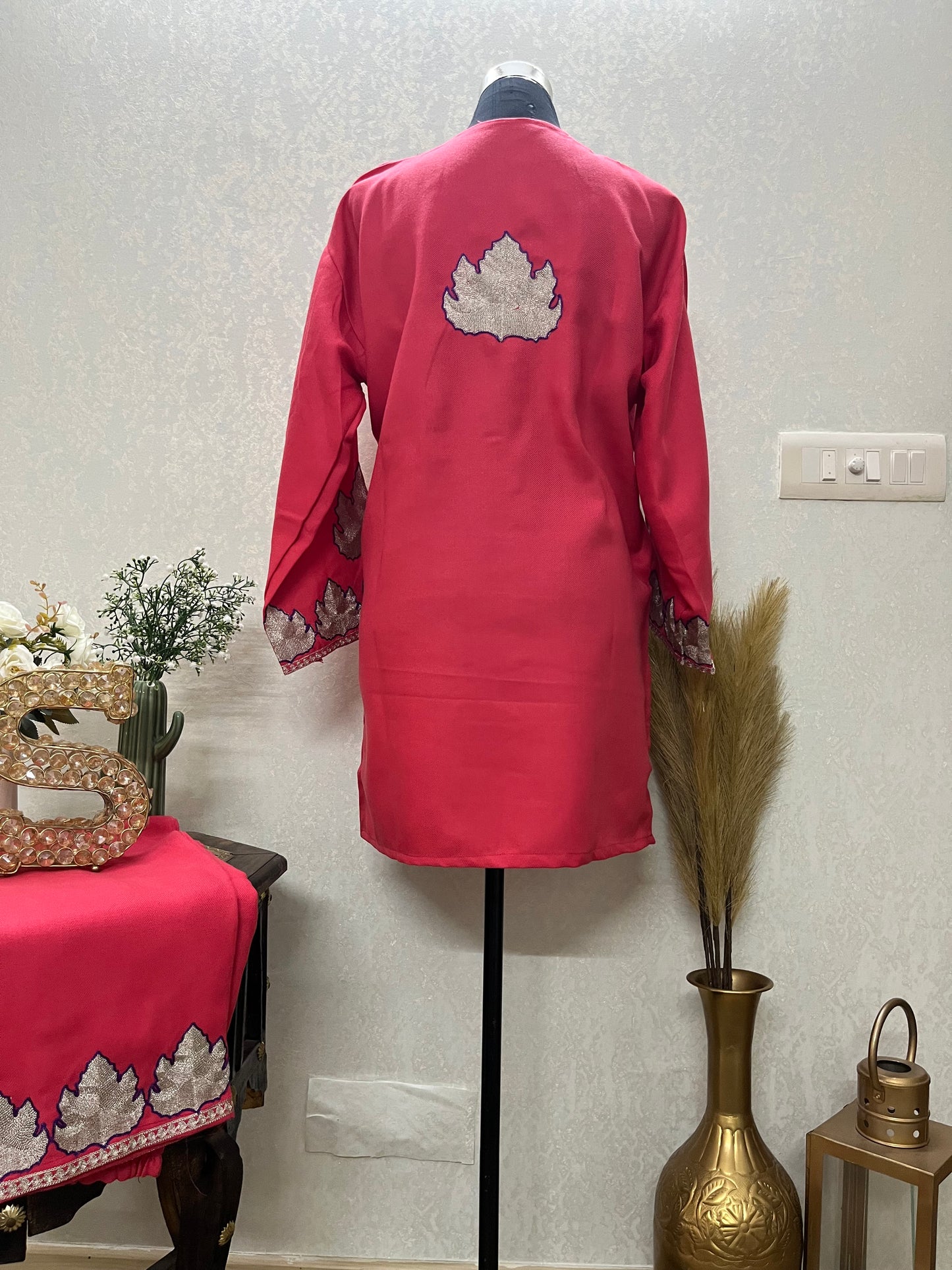 Carrot Pink Woollen Kashmiri Co-Ord Set ( Size 44)