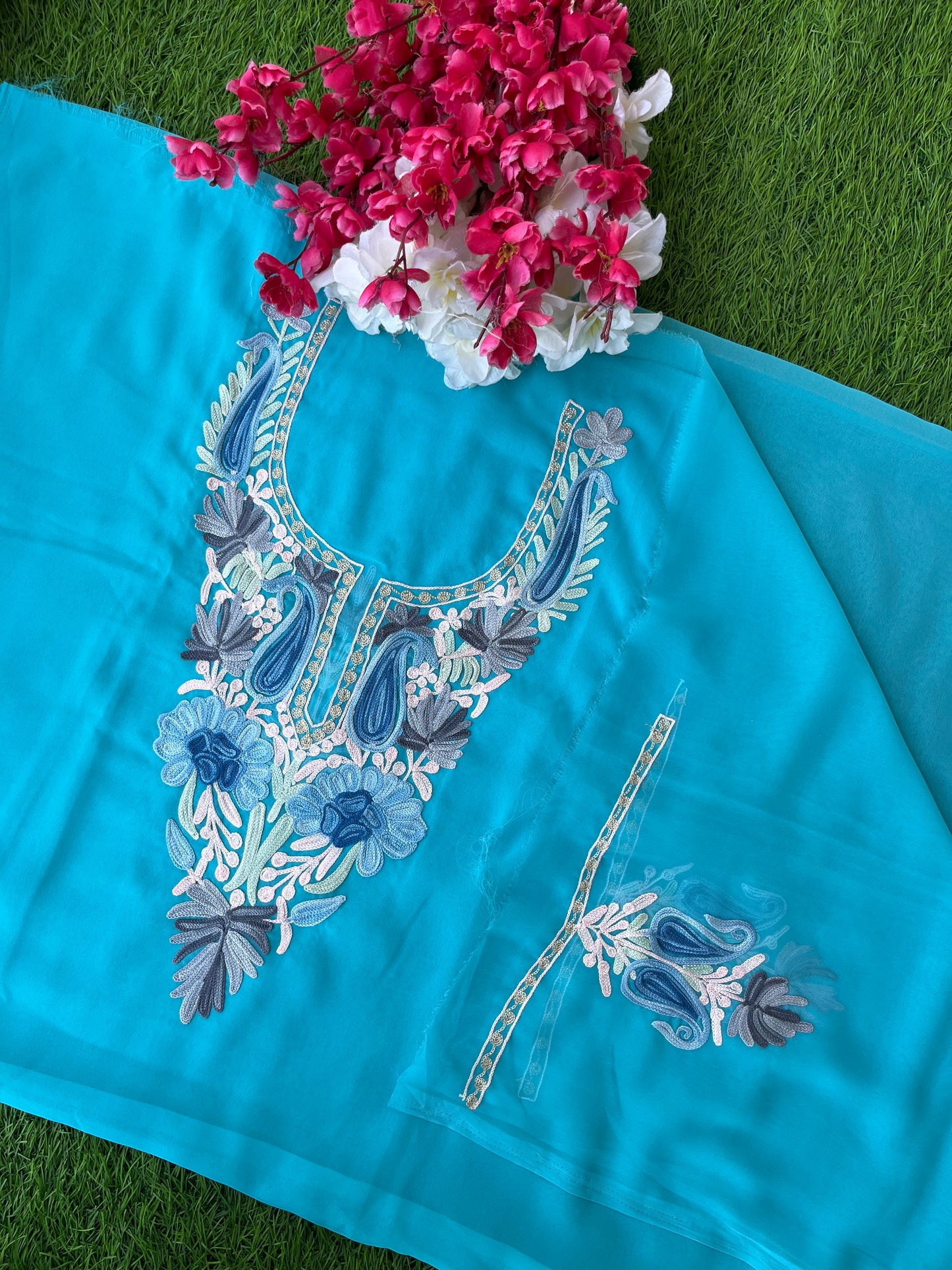 Sky Blue Georgette Aari Embroidered Unstitched Kurta Material