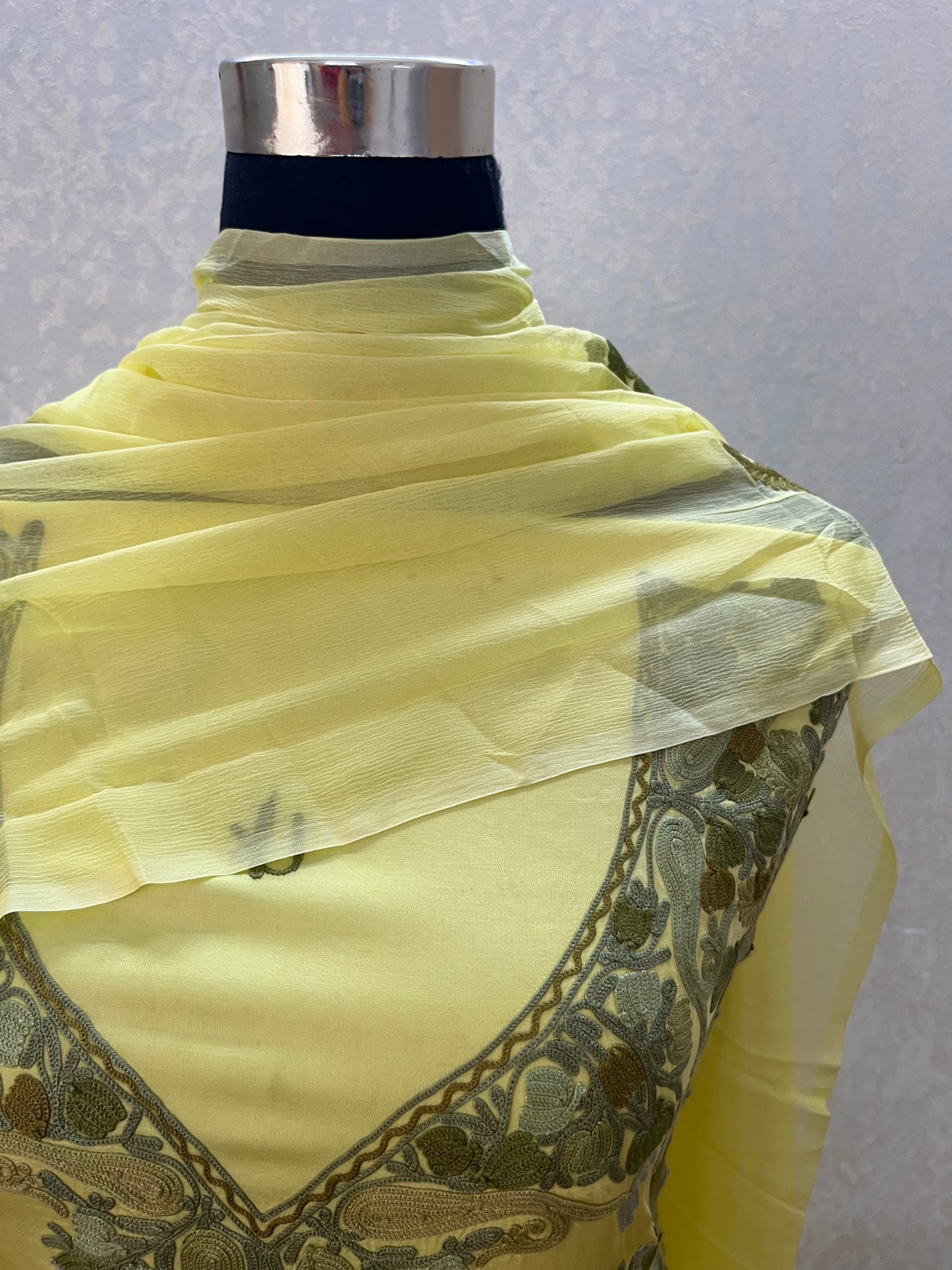 Yellow Satin Cotton Kashmiri Suit