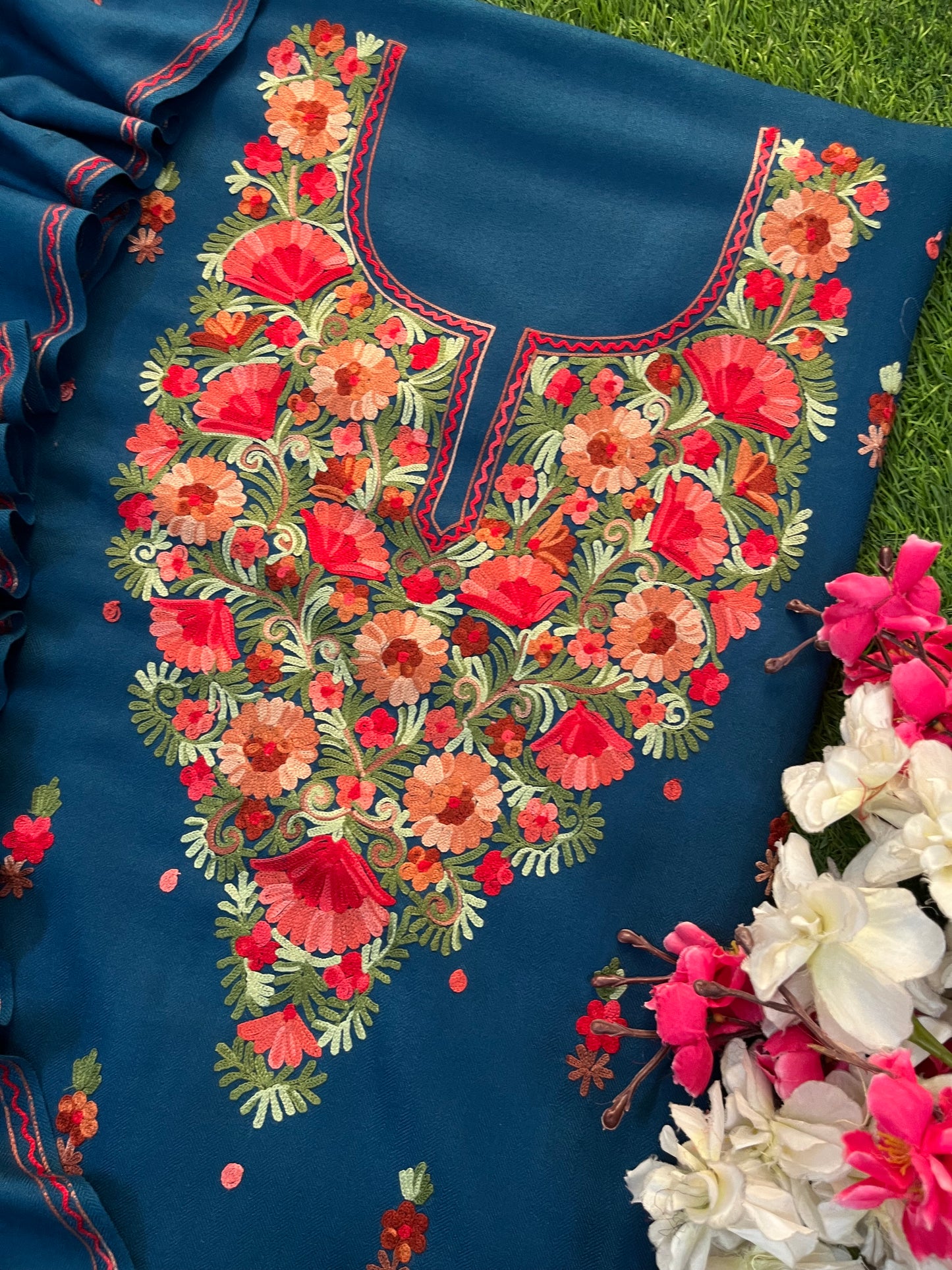 Peacock Blue Woollen Aari Embroidered 3pc suit