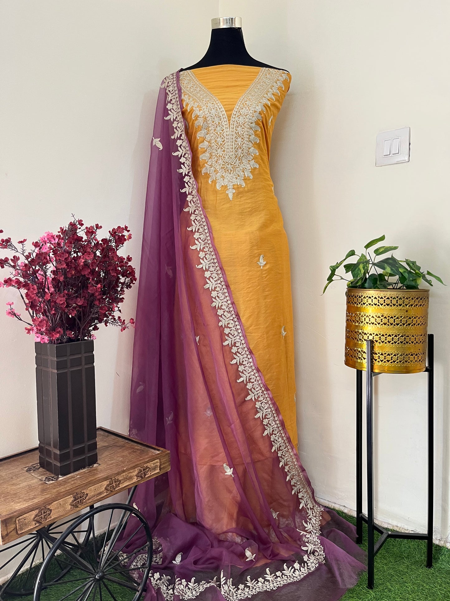 Golden Yellow Chanderi Silk Kashmiri Suit