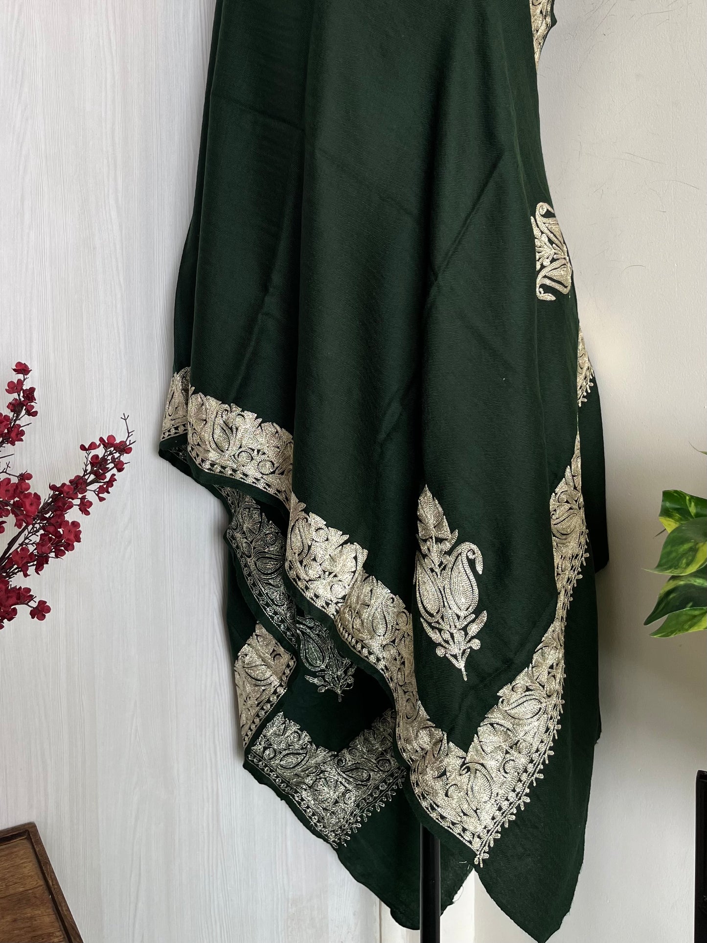 Bottle Green Fine Semi Pashmina Tilla Embroidered stole