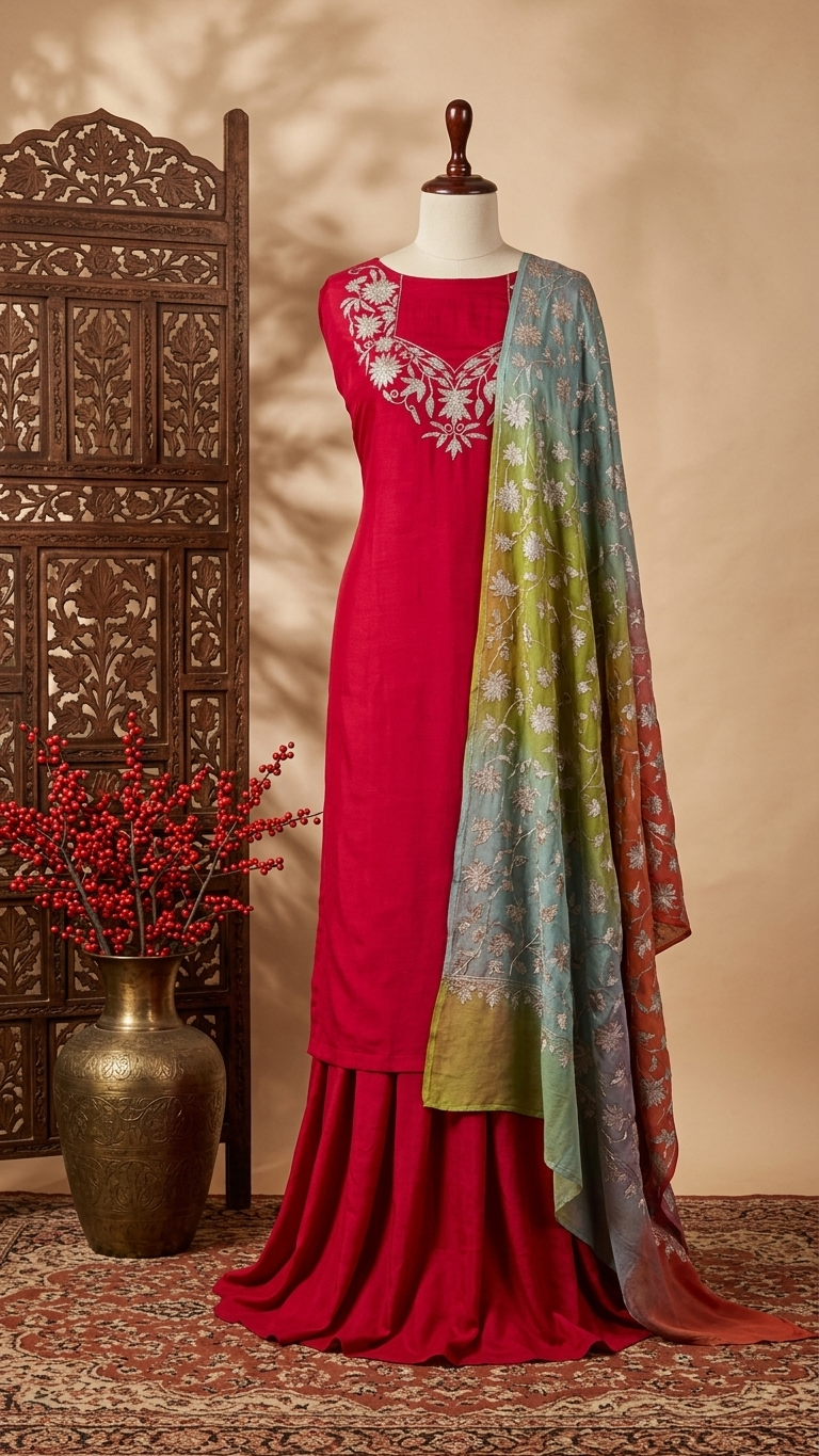 Coral Pink Pure Chinon 3 Pc Heavy Kashmiri Suit