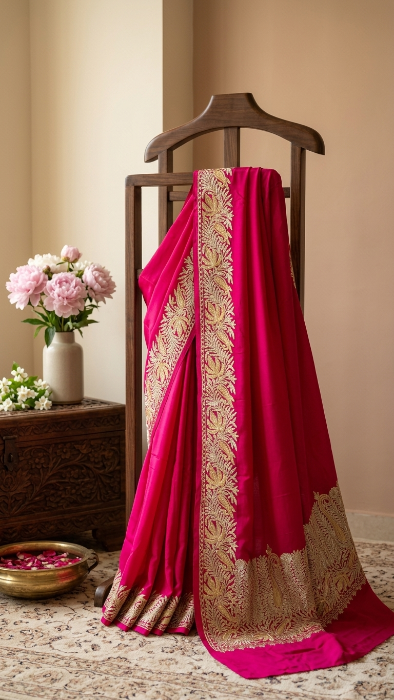 Hot Pink Crape Kashmiri Tilla Saree
