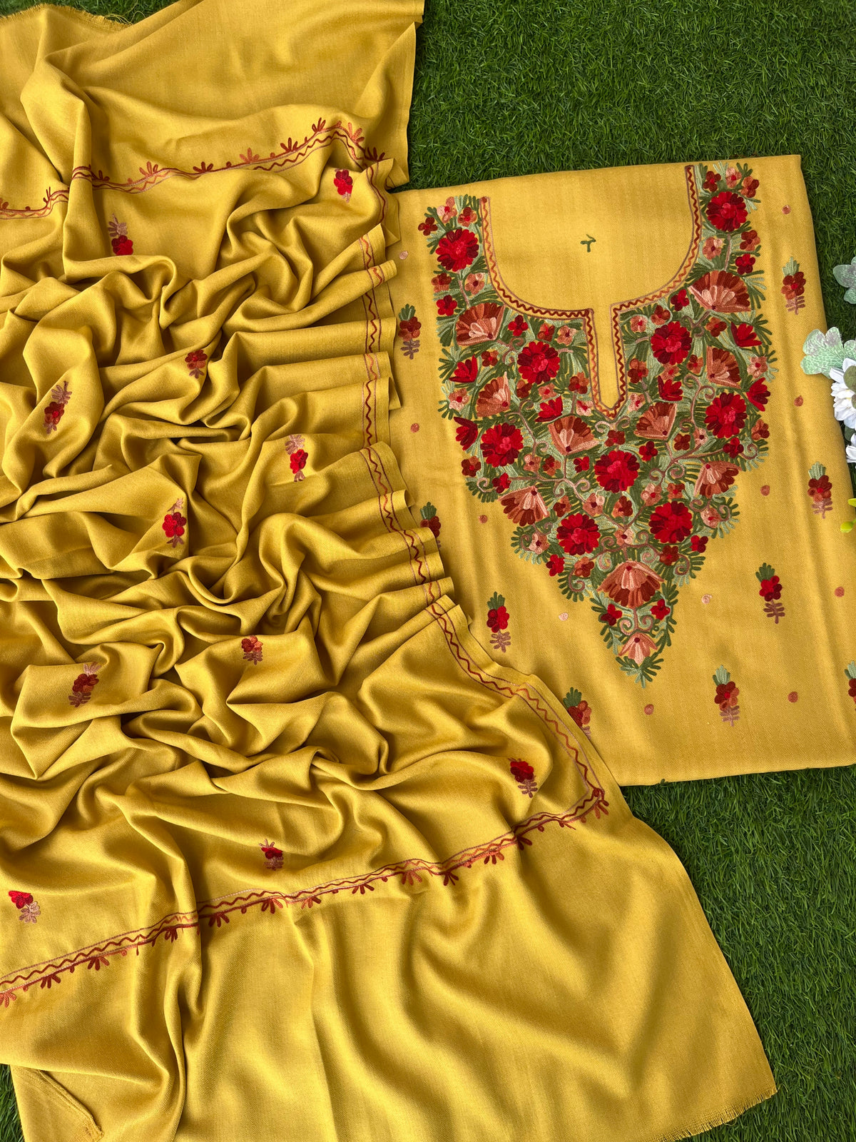 Yellow Woollen Aari Embroidered 3pc suit
