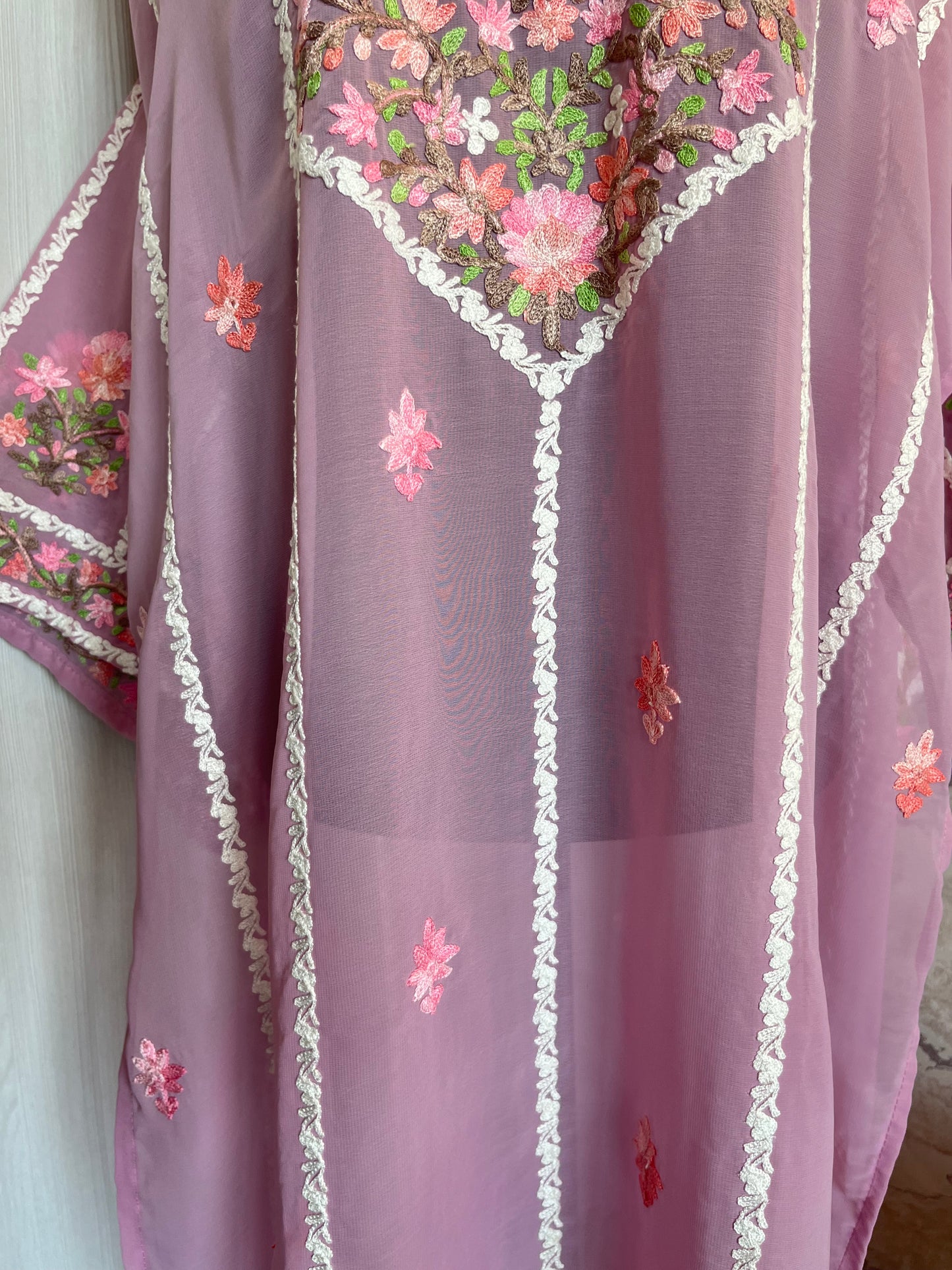 Pastel Pink Georgette All over Work Aari Embroidered Unstitched Kurta Material