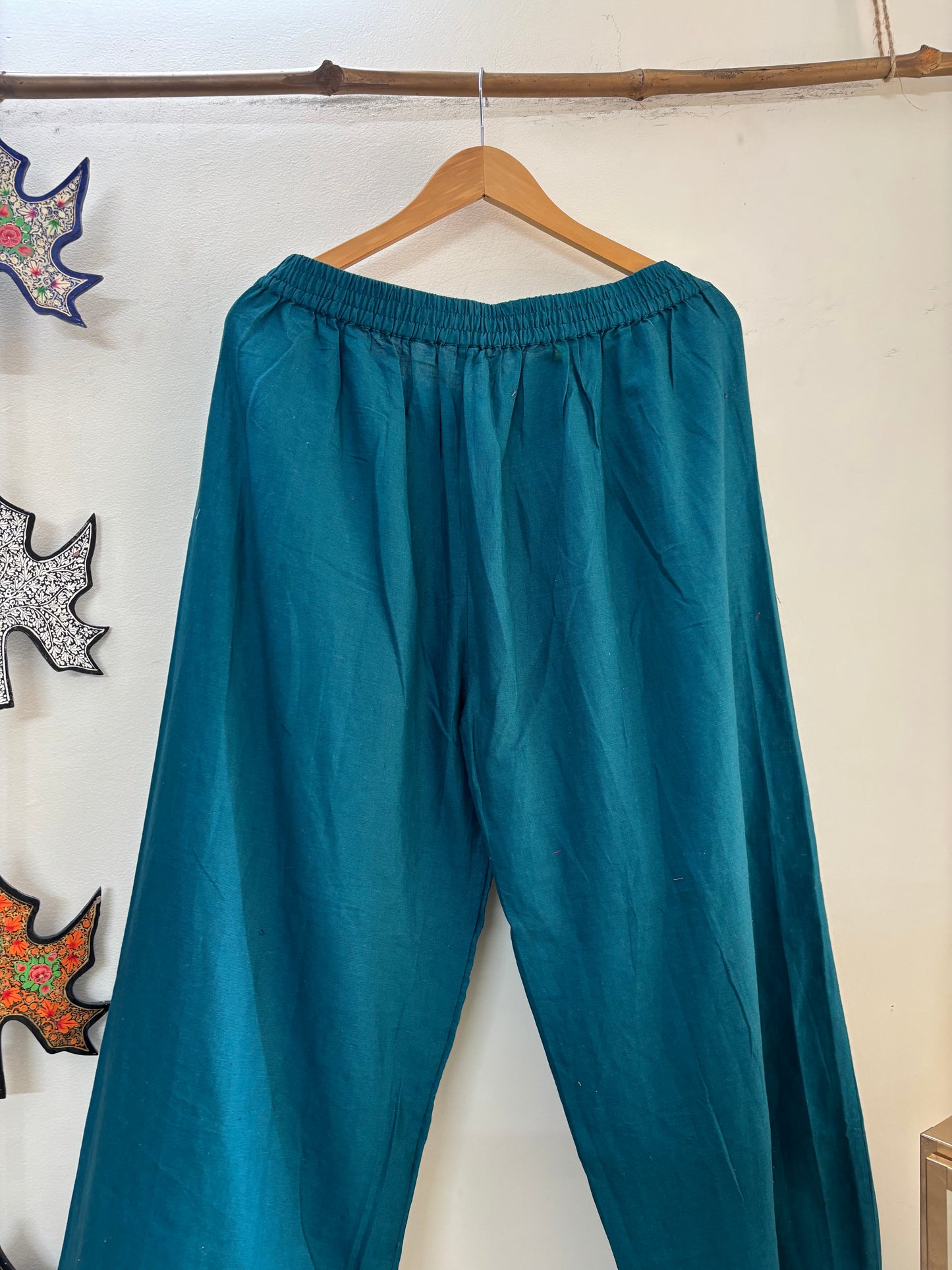 Women Green Wide Leg Solid Embroidered Palazzos