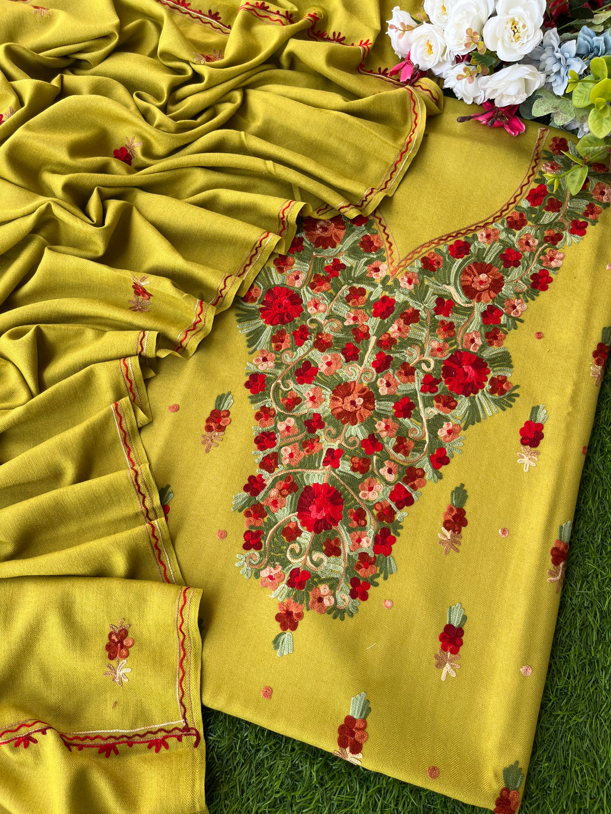 Lime Green Woollen Aari Embroidered 3pc suit