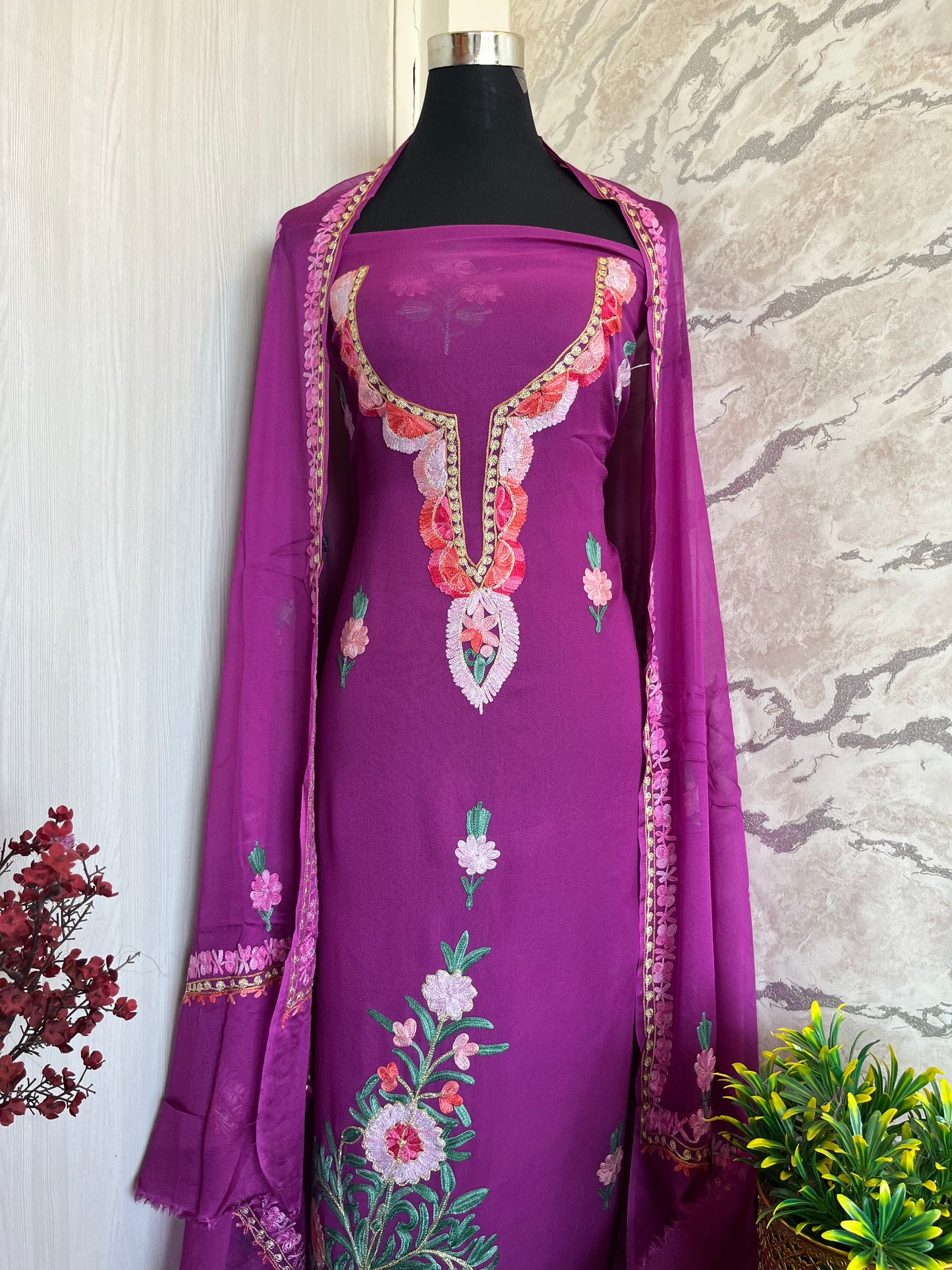 Wine Pure Georgette Aari Embroidered Suit