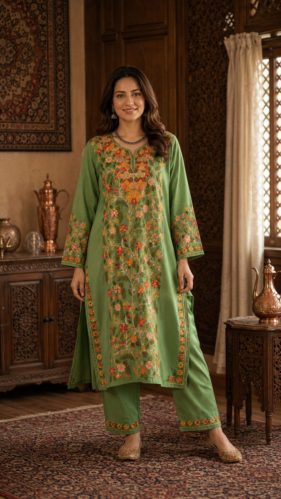 Green Cotton Front Jaal Pheran Set Size (44)