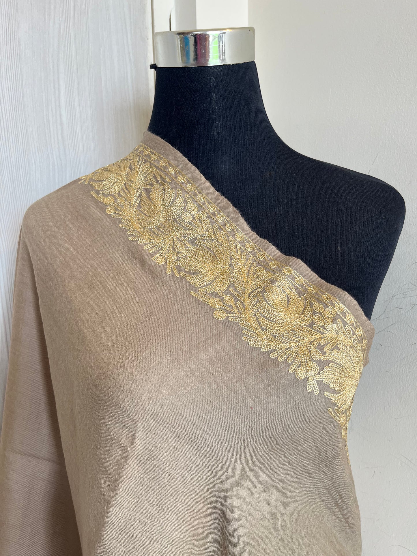 Beige Fine Semi Pashmina Tilla Embroidered stole