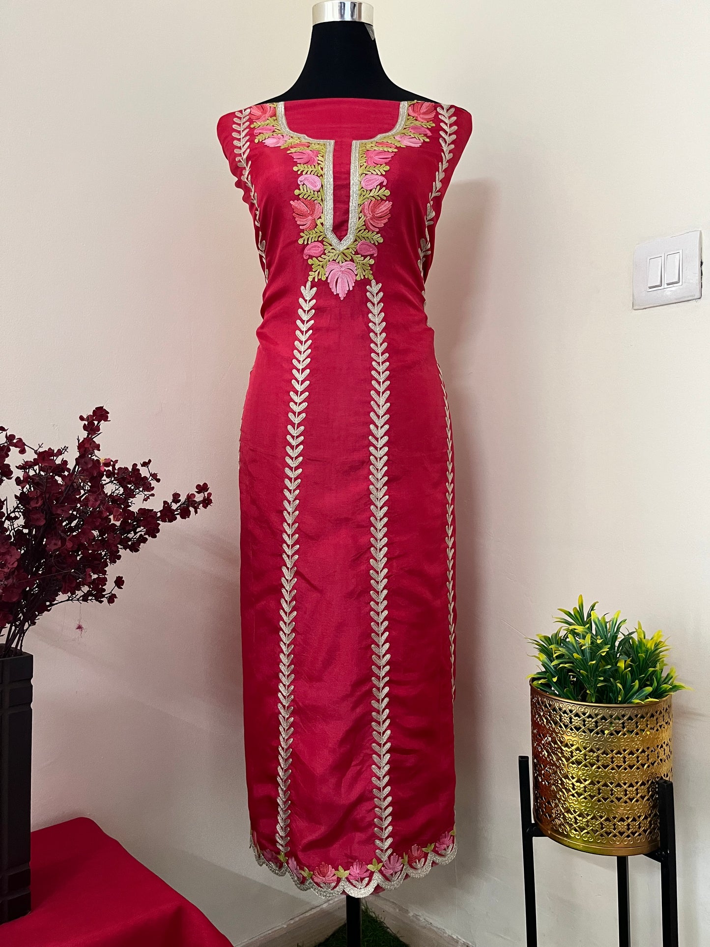 ‘Sanam’ Hot Pink Silk Aari Embroidered Suit material