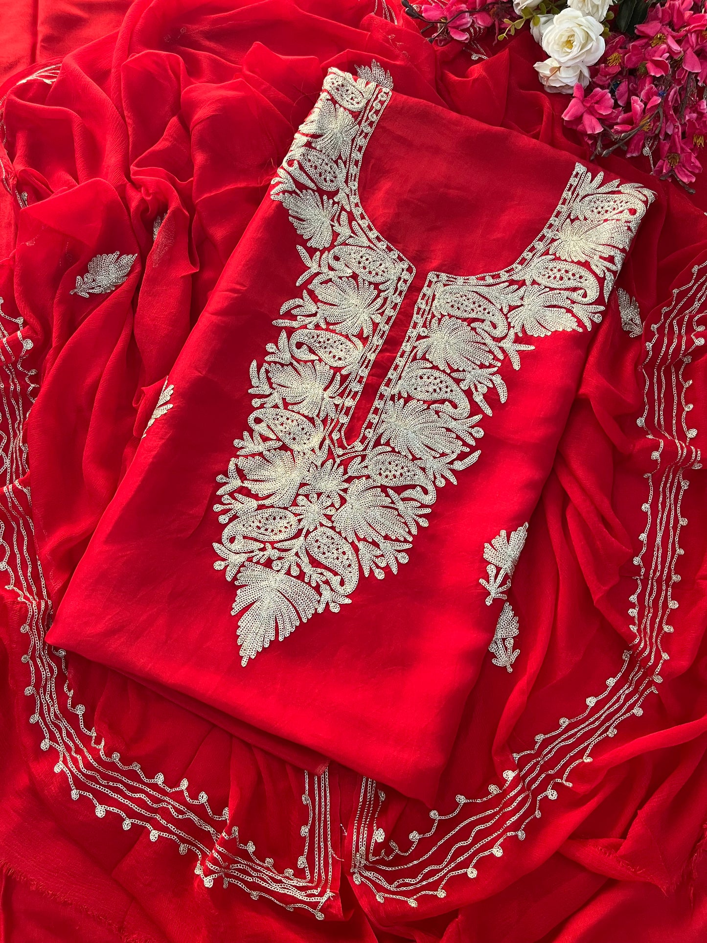 Red Silk Tilla Kashmiri Suit